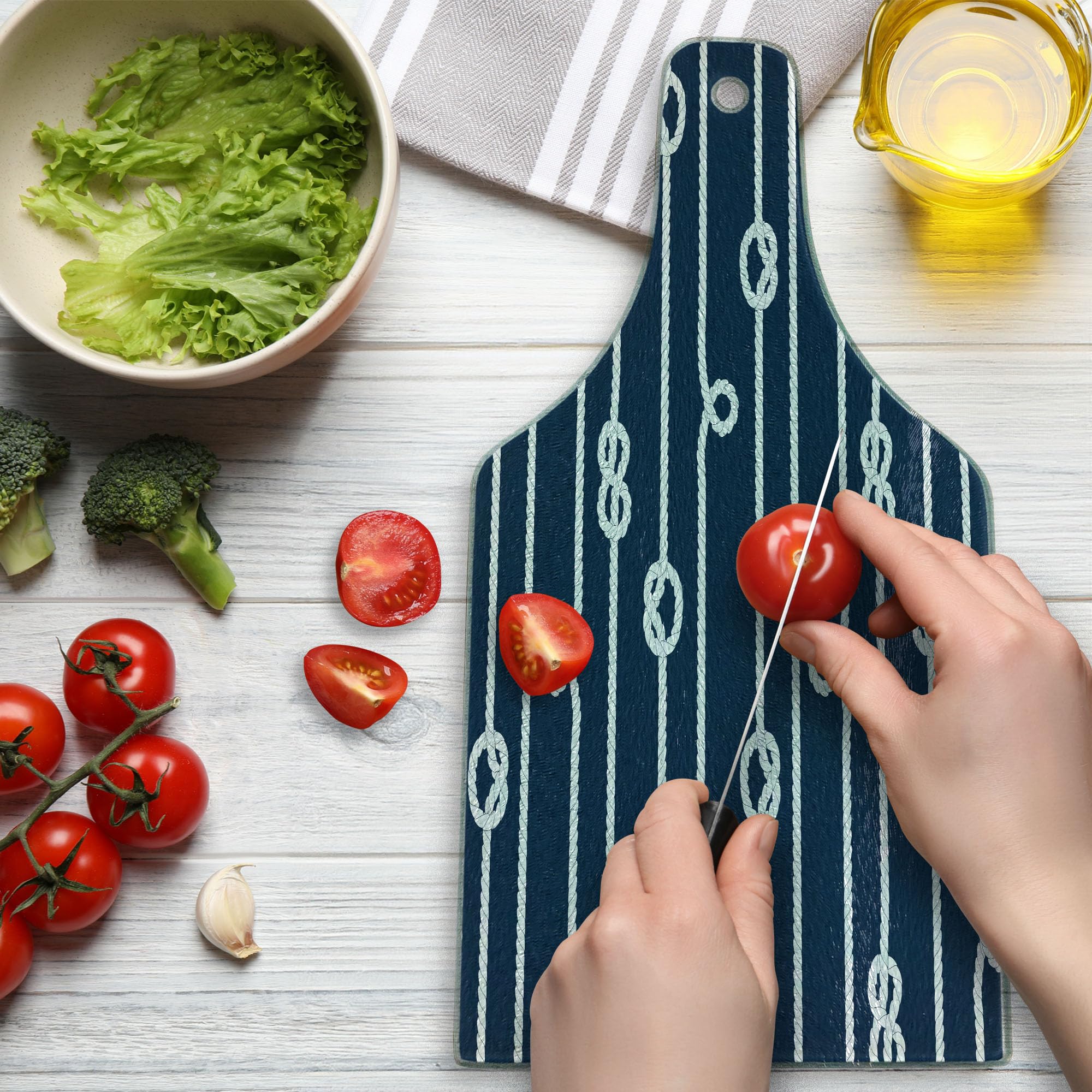 Ambesonne Navy Blue Tempered Glass Cutting Board - Marine Knots Sailor Sailing Theme with Summer Sun Print - Decorative Serving Board for Kitchen, Wine Bottle Shape in White and Blue - Perfect for Entertaining, Charcuterie, and Gift Giving