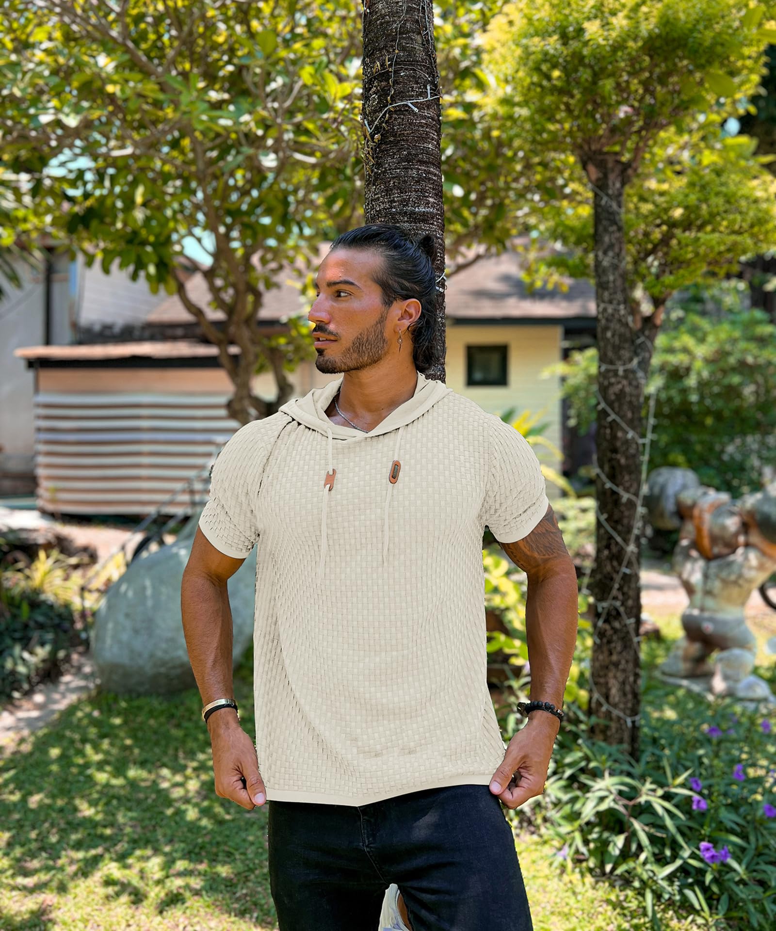 Zaitun Men's Short Sleeve Hoodie Shirt - Casual Waffle Knit Pullover Sweater for Men - Lightweight Summer Top for Outdoor Activities & Streetwear Fashion