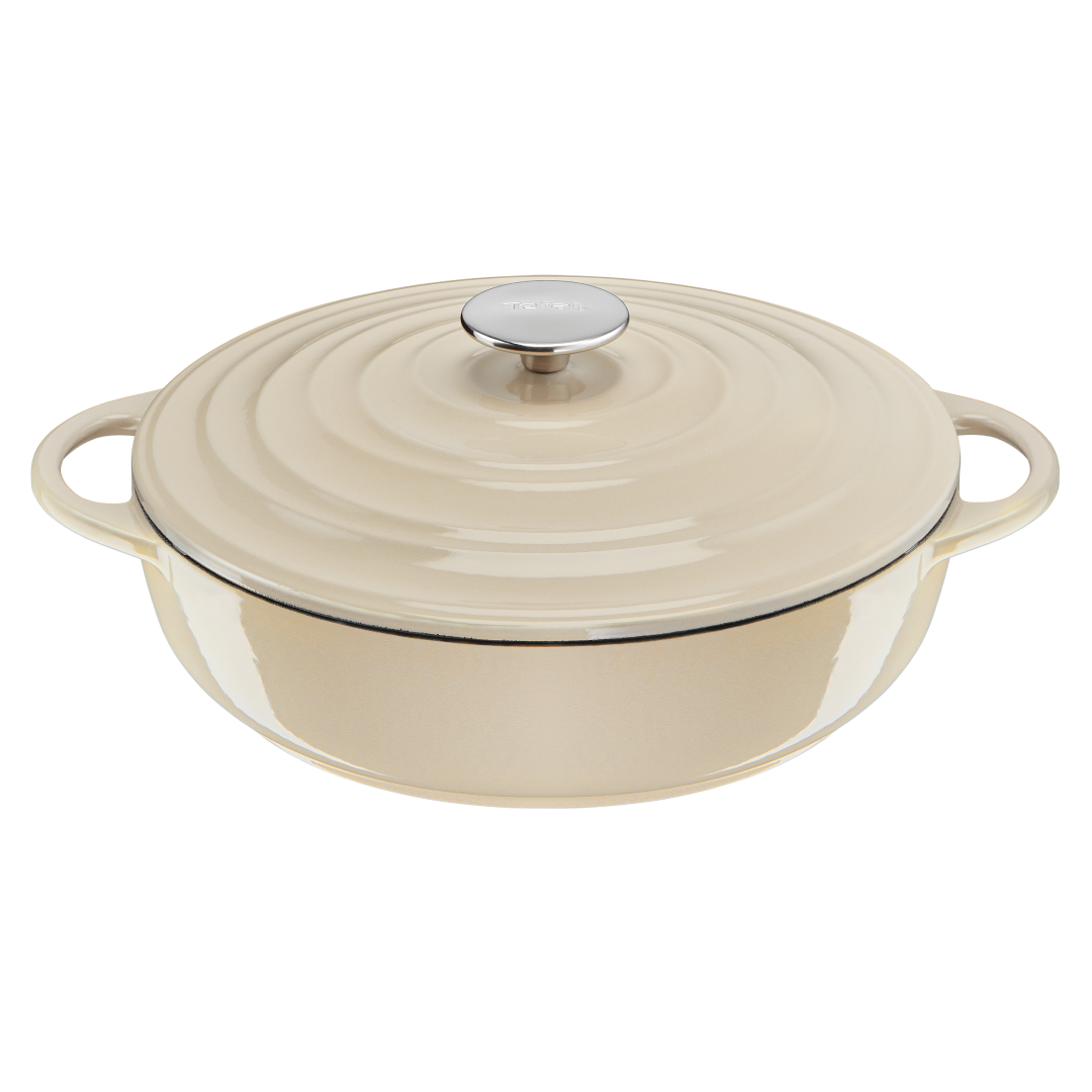 Tefal LOV Induction Cast Iron Beige Shallow Pot 28cm/3.8L with Lid – Perfect for Slow Cooking, Stewing & Serving Dishes – Ideal for Stovetop & Oven Use