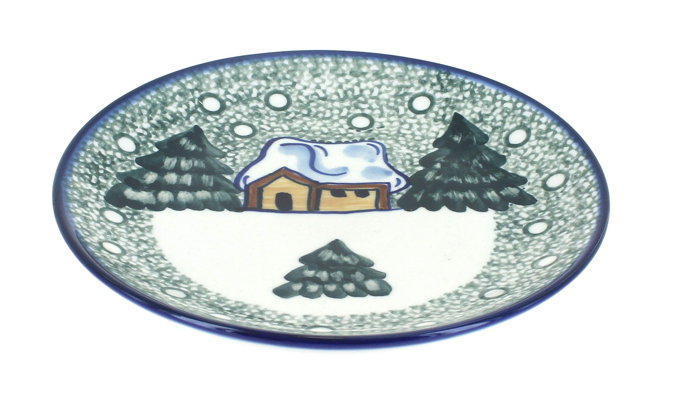 Blue Rose Polish Pottery Winter Forest Dessert Plate - Handmade Ceramic Plate for Cake, Cookies & Desserts - Elegant Holiday Tableware for Christmas & Winter Parties