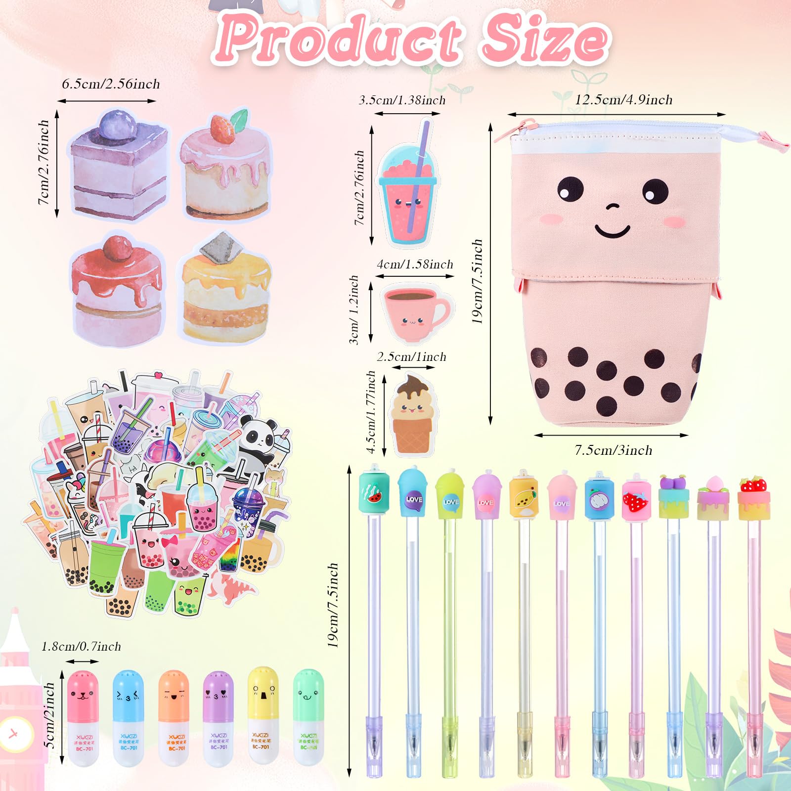 Sabary 228 Pcs Kawaii Stationery Set with Telescopic Boba Pencil Pouch, Gel Pens, Sticky Notes, Bubble Tea Stickers & Highlighters - Cute School & Office Supplies for Students, Back to School, Christmas Gifts (Vivid Colors)