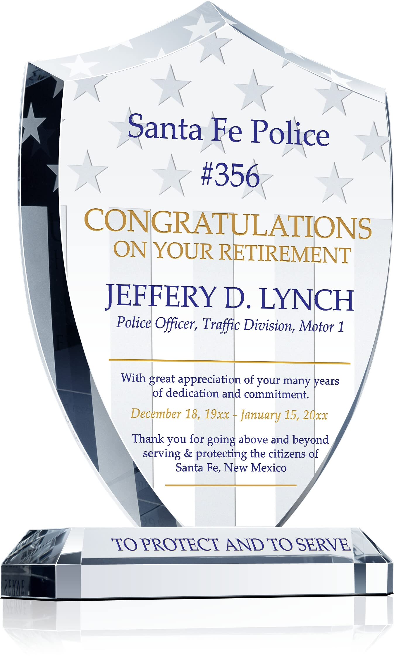 Custom Police Retirement Gift Plaque - Personalized Crystal Shield with Stars & Stripes, Engraved Name & Service Years - Unique Retirement Present for Men & Women Officers (7.5 Inch) - Perfect for Retirement Ceremonies, Office Decor & Appreciation Gifts