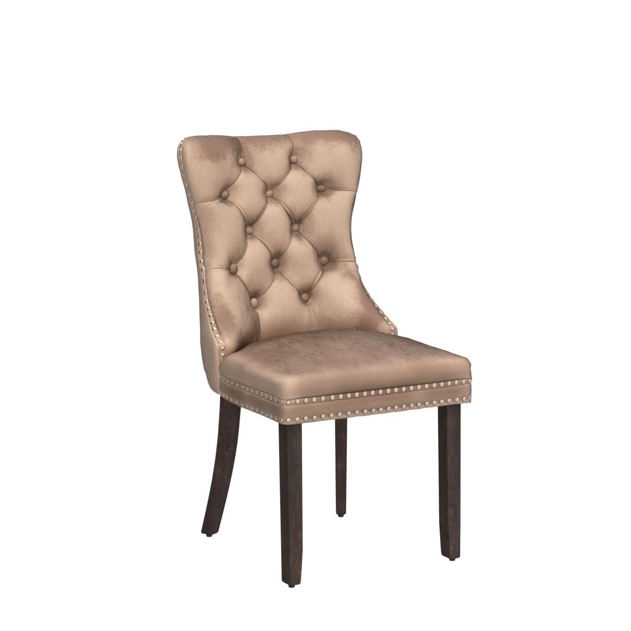 Kiztir Velvet Dining Chairs Set of 4 - Upholstered Tufted Accent Chairs with Ring Pull Trim & Button Back, Modern Luxury Dining Room Chairs for Kitchen, Living Room & Bedroom - Perfect for Home Decor & Dinner Parties (Khaki)