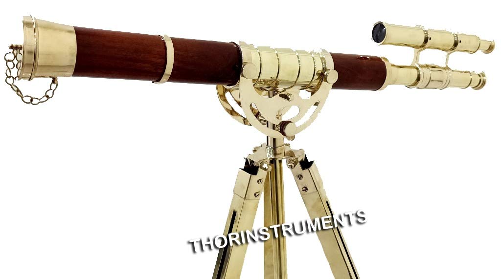 Vintage Brass Nautical Double Barrel Telescope with Wooden Tripod Stand - Antique Maritime Decor for Living Room, Study or Office - Perfect Gift for Sailors & History Lovers
