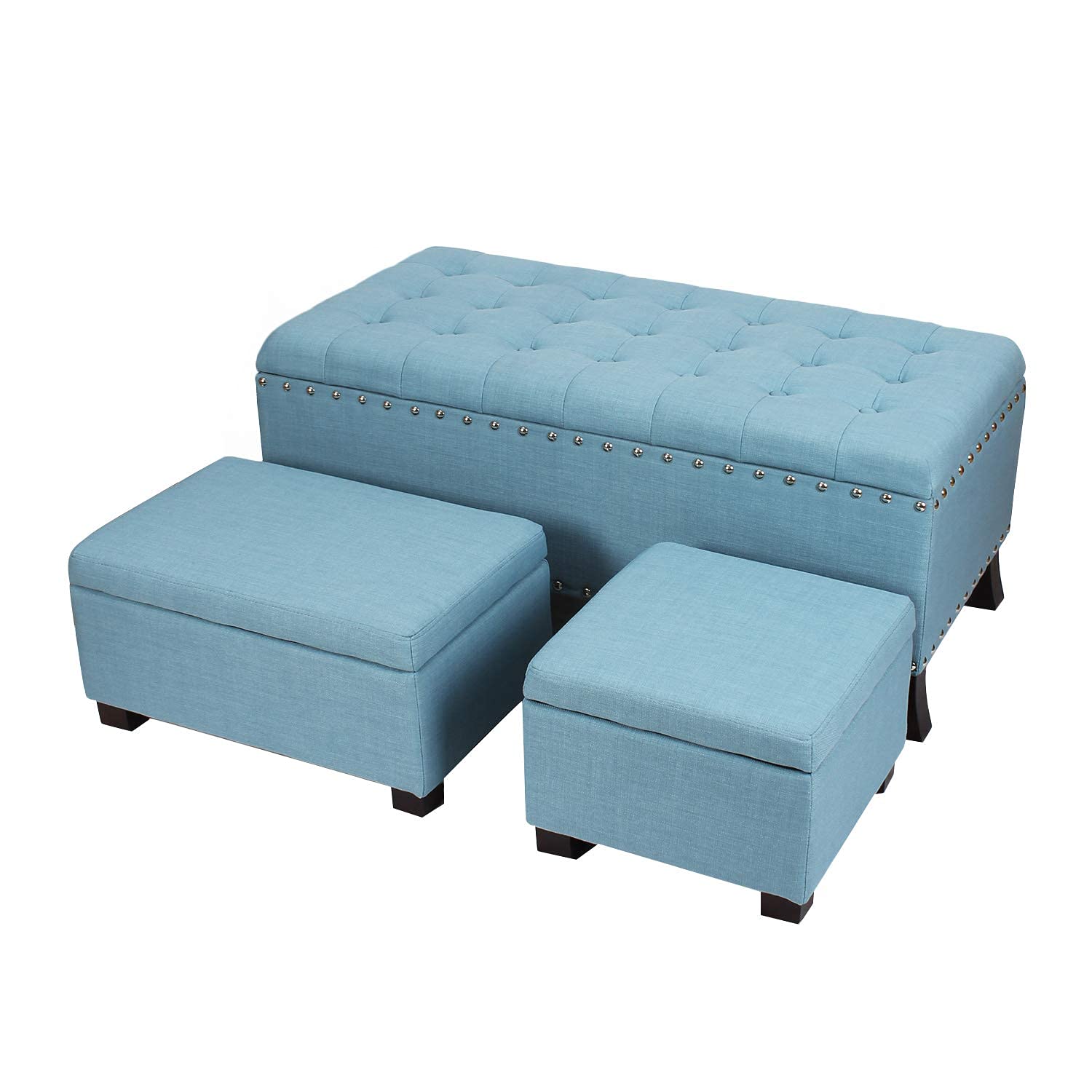 Joveco 3-Piece Blue Fabric Storage Ottoman Set - Rectangular Button Tufted Footrest Stool, Toy Chest & Organizer for Living Room, Bedroom & Nursery Storage Solutions
