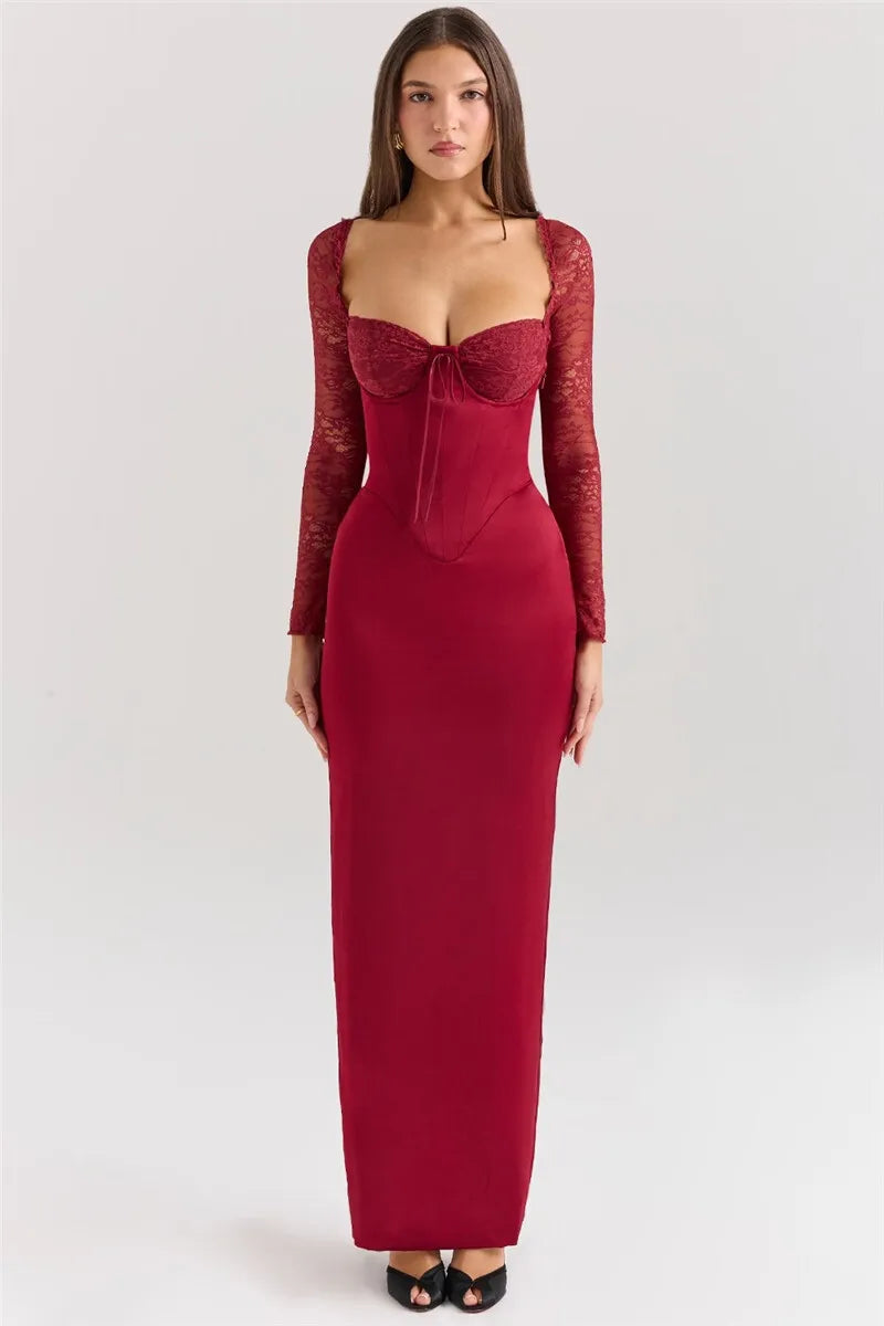 Sexy Backless Long Sleeve Maxi Dress for Women - Solid Square Neck Lace-Up Back Bodycon Club Dress with High Slit | Elegant Evening Wear for Parties, Date Nights & Special Occasions