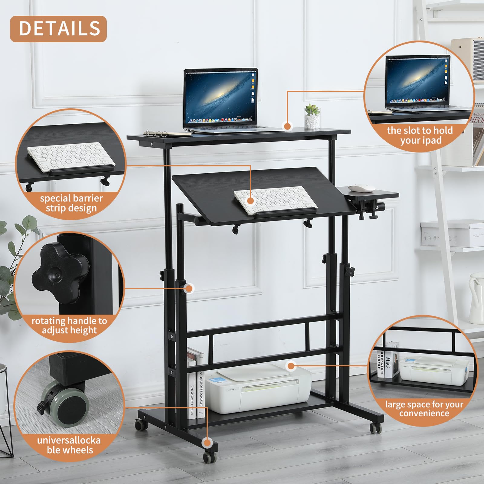 Adjustable Mobile Computer Desk Cart with Wheels - Portable Standing & Sitting Workstation for Home Office - Black - Ideal for Remote Work, Gaming & Study Spaces