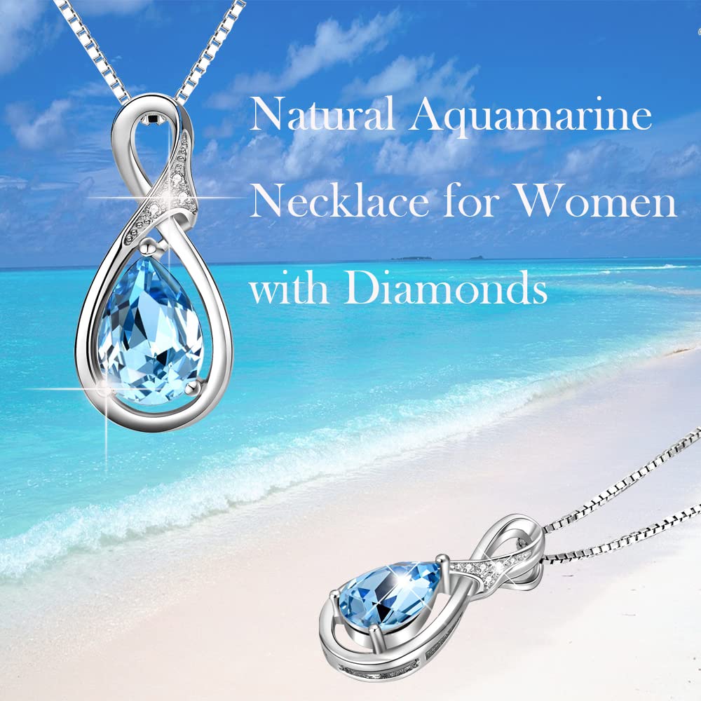 Diamond & Natural Aquamarine Sterling Silver Teardrop Necklace - Hypoallergenic Pendant Jewelry for Women | Perfect Anniversary, Birthday Gift for Mom, Wife, or Loved One | Elegant for Weddings, Parties & Special Occasions