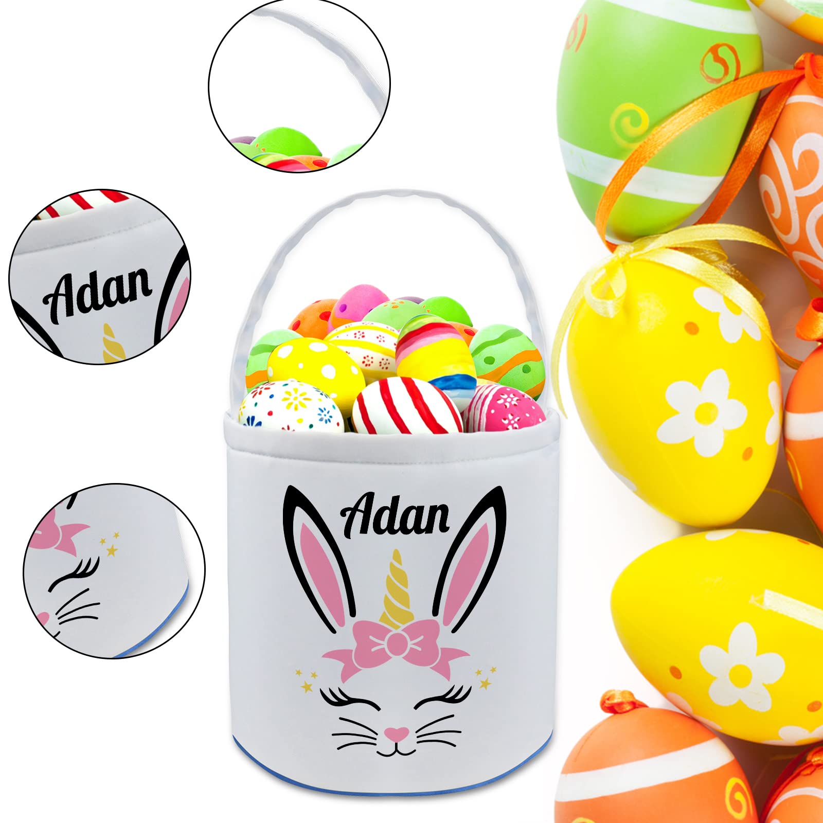 Personalized Easter Basket with Name - Custom Candy Egg & Bunny Tote Bag for Girls & Boys - Happy Easter Gift & Decor in Pink - Perfect for Easter Egg Hunts, Party Favors & Spring Celebrations