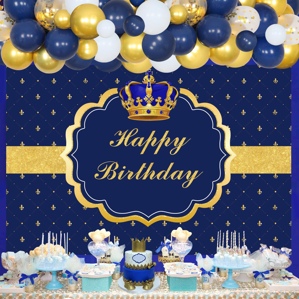 Royal Prince Birthday Decorations for Boys - Blue Balloon Garland Kit with Crown Balloons & Photography Backdrop | Perfect for Prince-Themed Birthday Parties, Baby Showers & Photo Shoots
