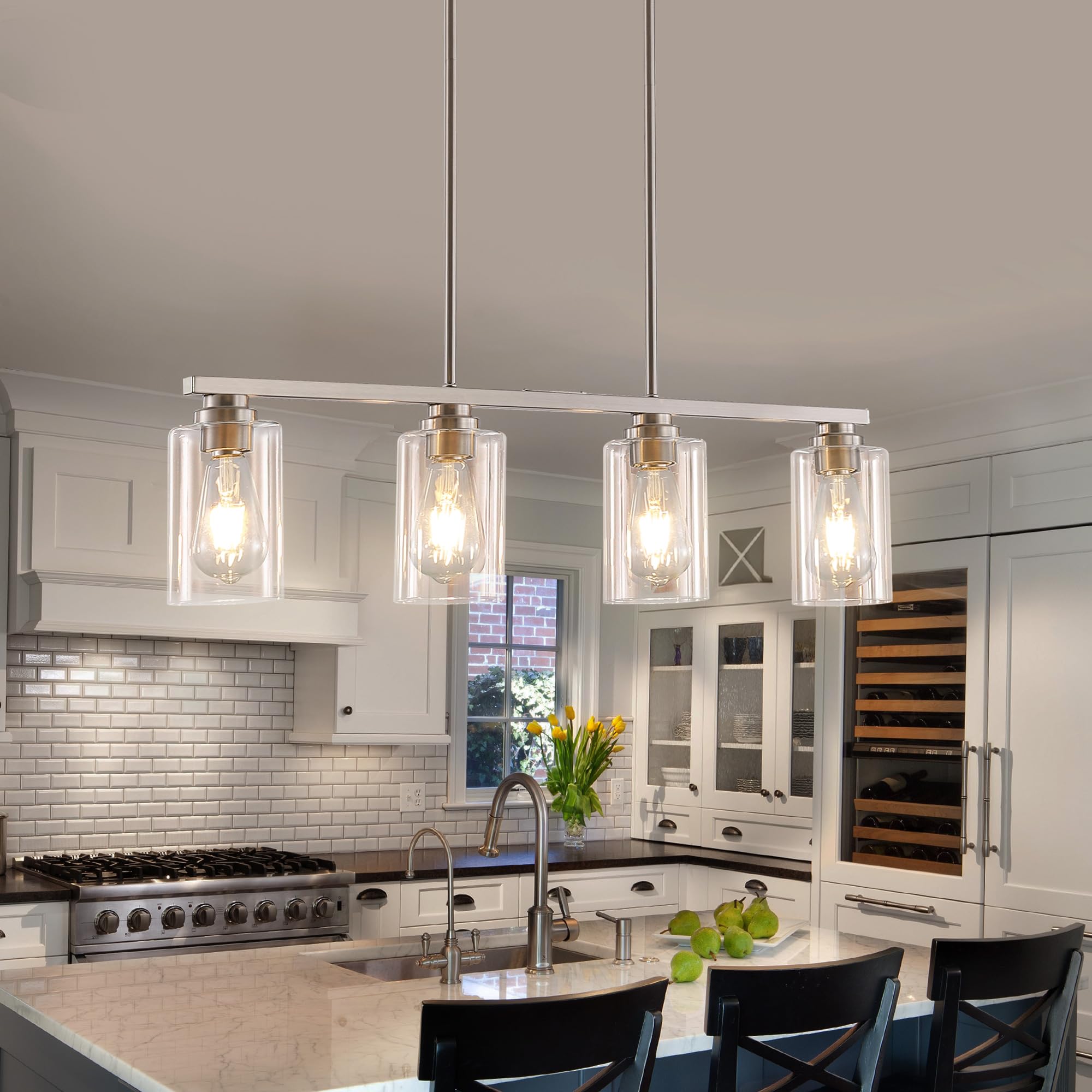 Brushed Nickel 4-Light Linear Chandelier Pendant Lighting for Kitchen Island, Dining Table & Living Room - Modern LED Fixture for Dining Room, Breakfast Nook & Home Decor