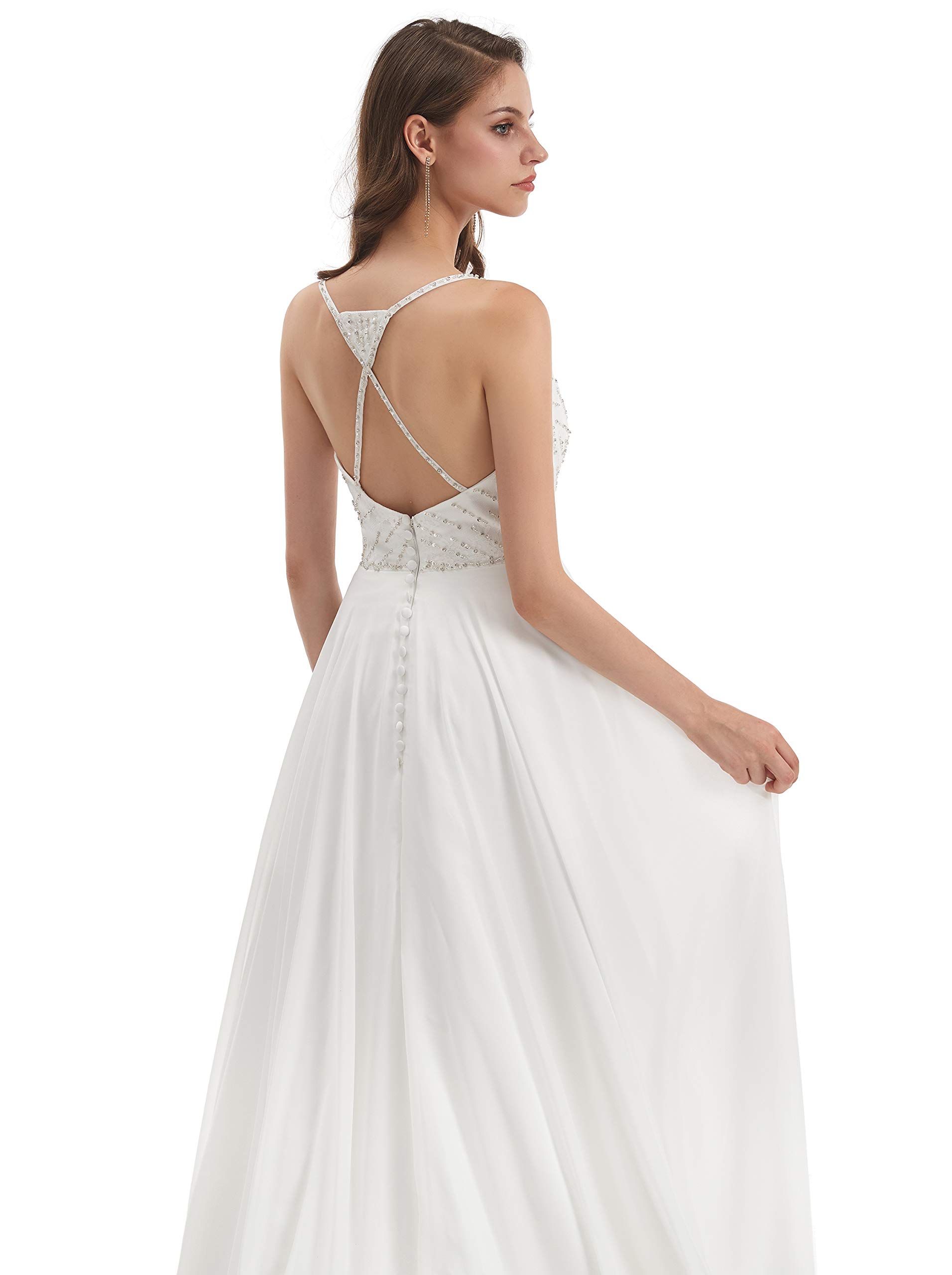 Elegant Women's A-Line Spaghetti Strap Beaded Sleeveless Wedding Dress for Beach Brides - Perfect for Destination Weddings, Beach Ceremonies & Summer Bridal Parties