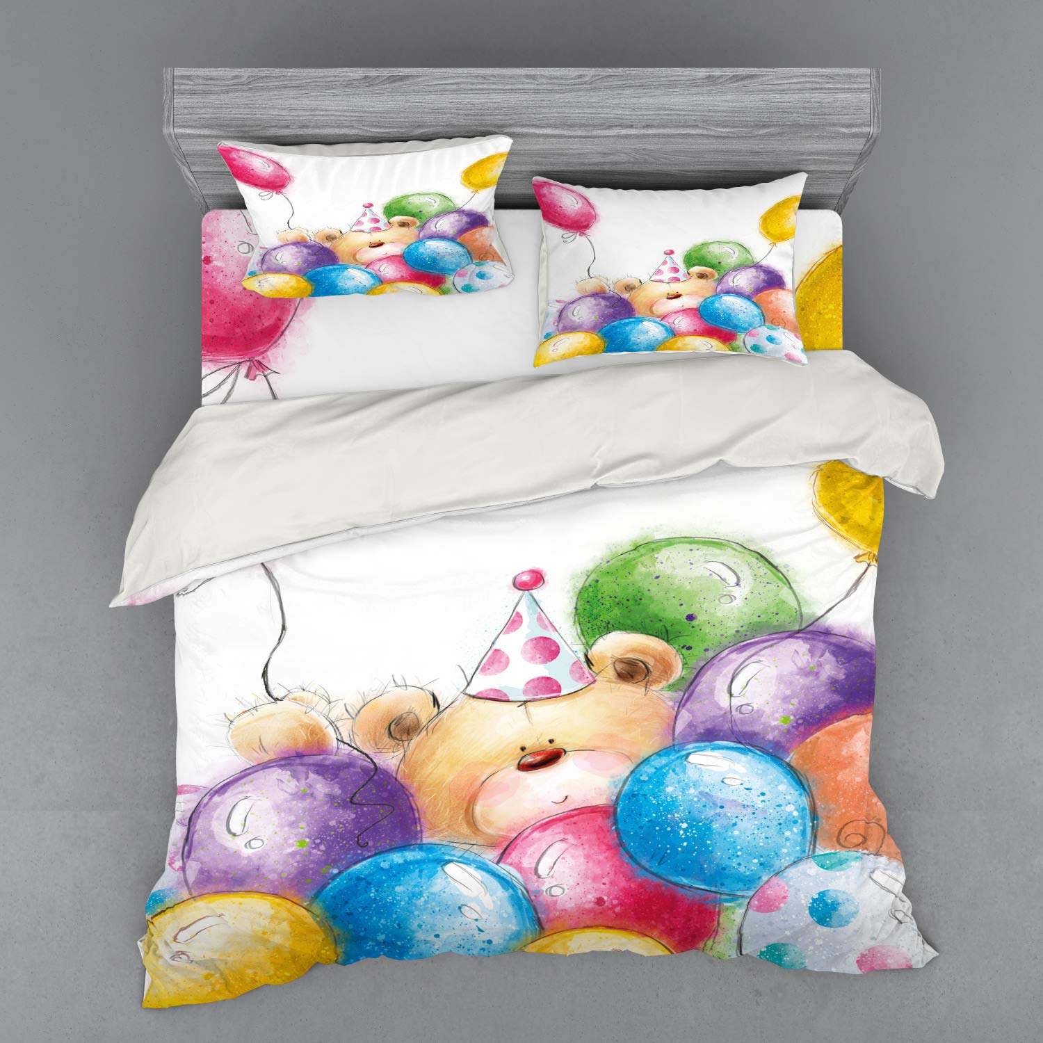 Ambesonne Birthday Duvet Cover Set - Hand Drawn Teddy Bear & Colorful Balloons Print, 4-Piece King Size Bedding Set with Shams & Fitted Sheet | Perfect for Kids' Rooms, Birthday Parties & Nursery Decor