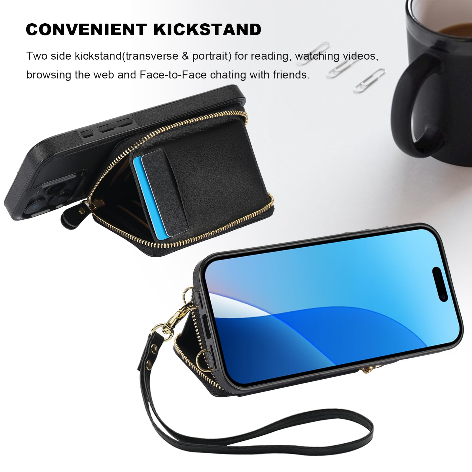 RFID Blocking Wallet Case for iPhone 16 Pro Max - PU Leather Crossbody Zipper Purse with Card Holder, Kickstand & Detachable Wrist Strap | Secure 5G Phone Cover for Women & Men | Perfect for Travel, Shopping & Daily Use (Black, 6.9 Inch)