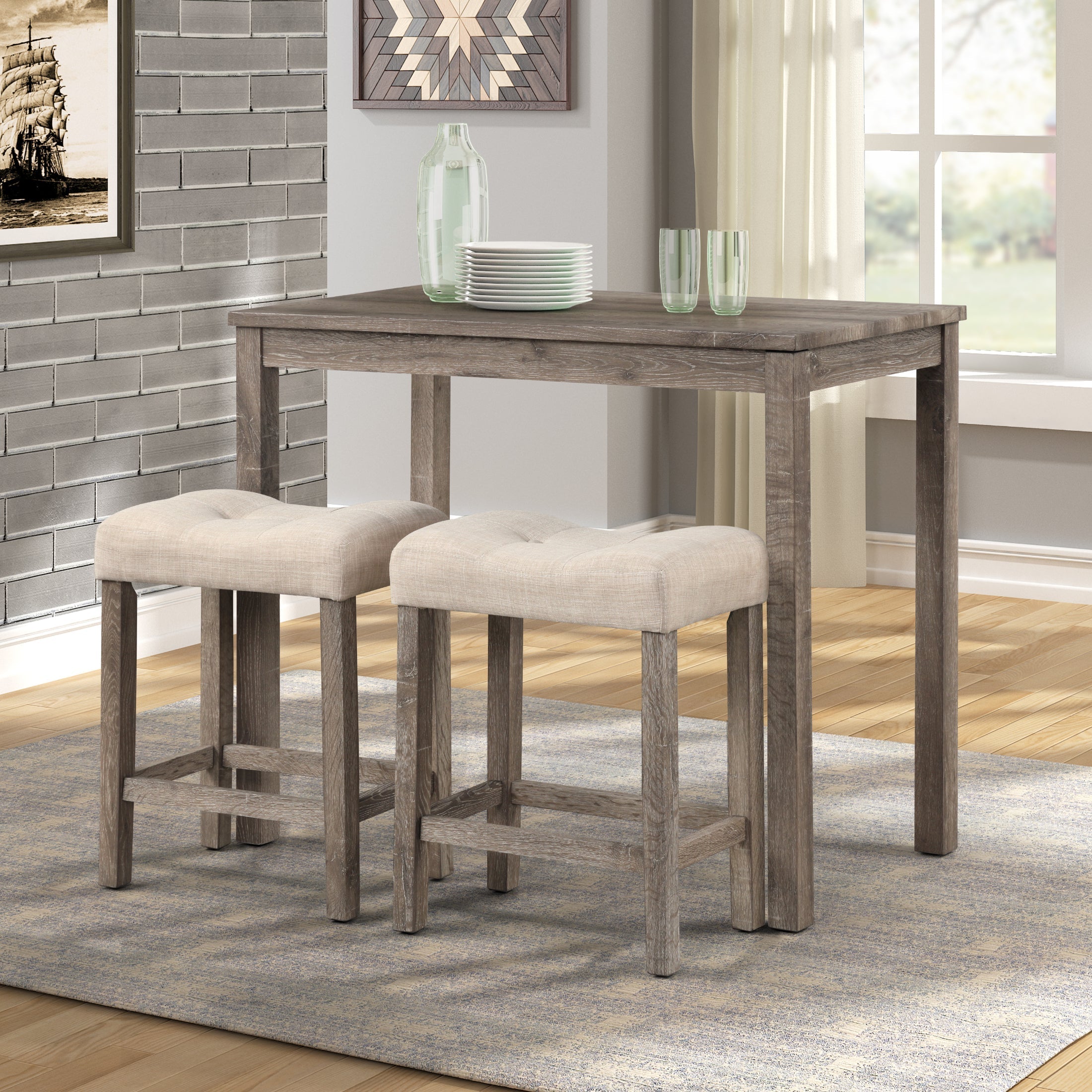Roundhill Furniture Sora Button Tufted Counter Height Saddle Stool Set of 2 - Taupe Upholstered Bar Stools for Kitchen Island, Breakfast Nook & Home Decor