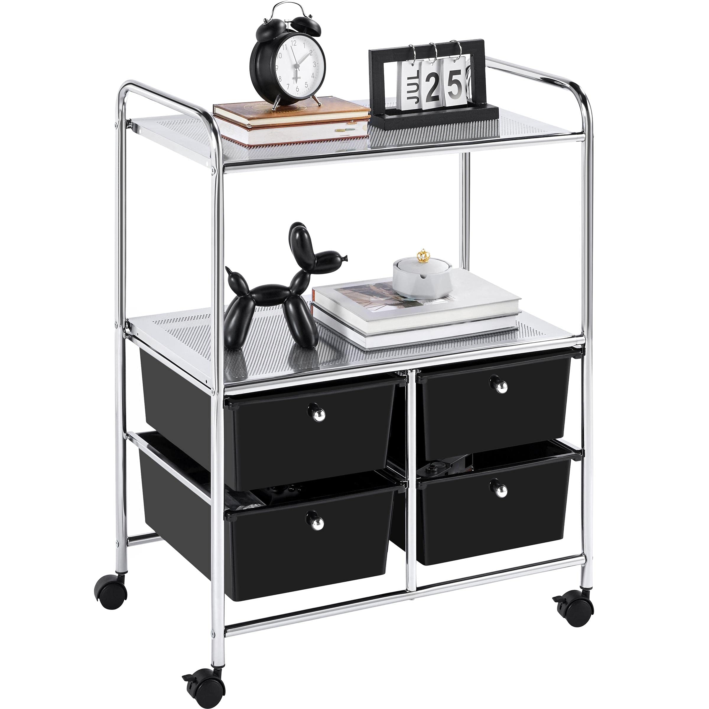 Topeakmart 2-Tier Rolling Storage Cart with 4 Drawers - Sturdy Steel Frame & Plastic Shelves - Mobile Organizer for Kitchen, Bathroom, Office, or Garage Storage Solutions