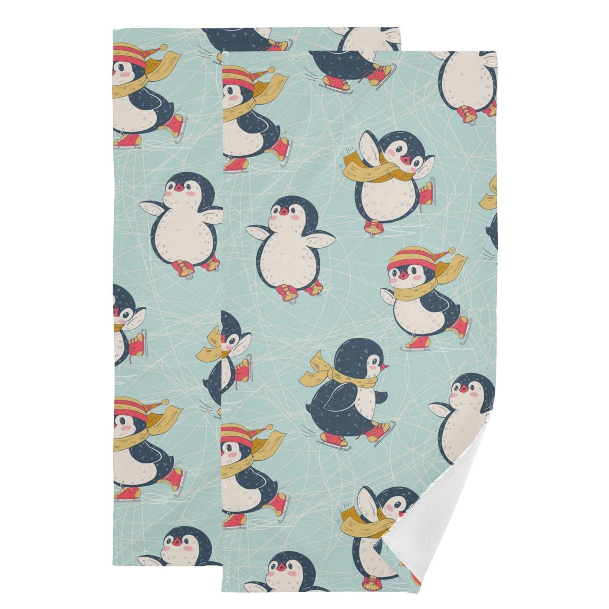 Cute Penguins Cotton Hand Towels Set of 2 - Soft Absorbent Bathroom Guest Towels for Hotel, Gym & Spa | Perfect for Guest Bathrooms, Powder Rooms & Luxury Resorts