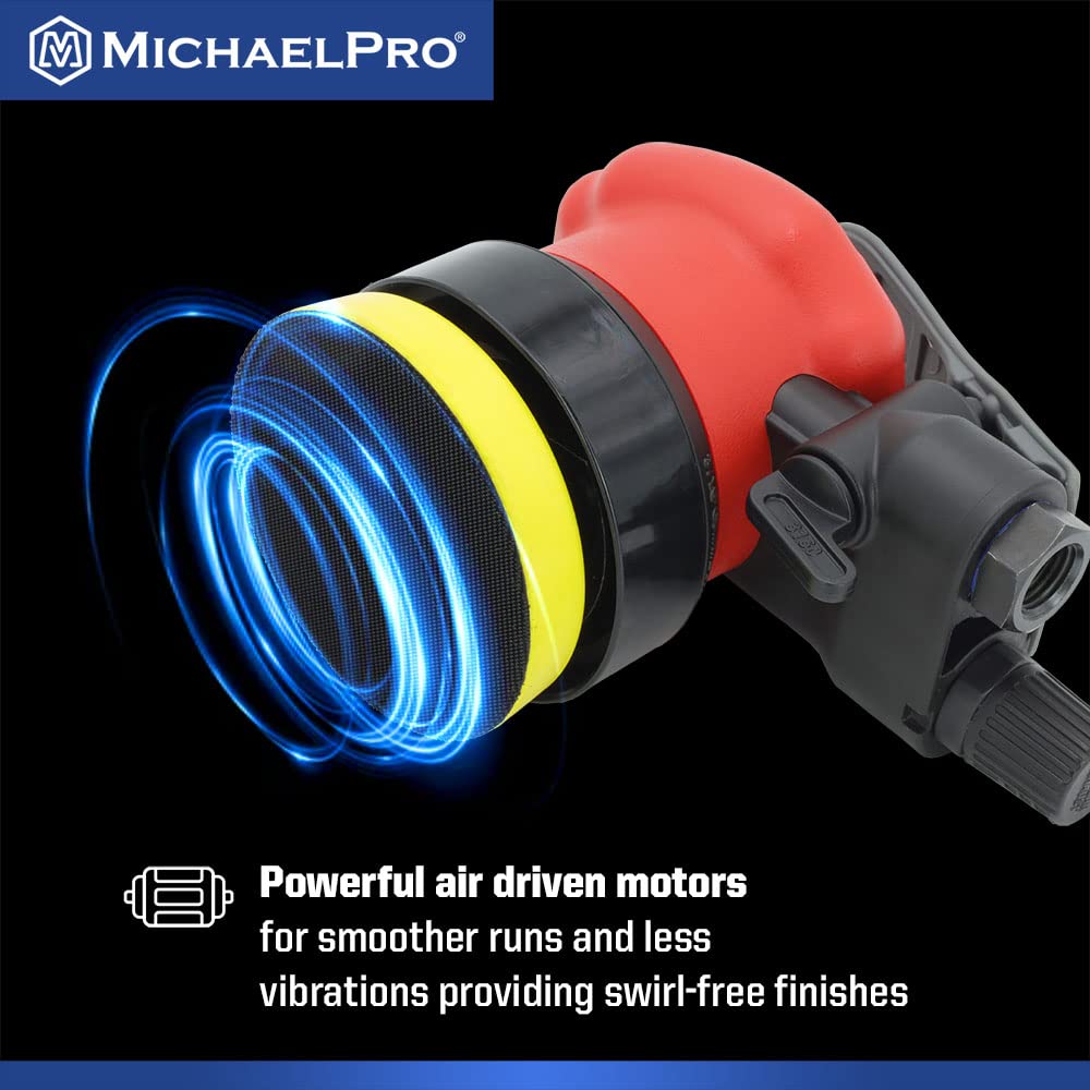 MichaelPro MPA01040 3-Inch Random Orbit Sander | 5mm Pneumatic Palm Sander for Woodworking, Metal & Composite Materials | Perfect for Sanding Furniture, Auto Body & DIY Projects