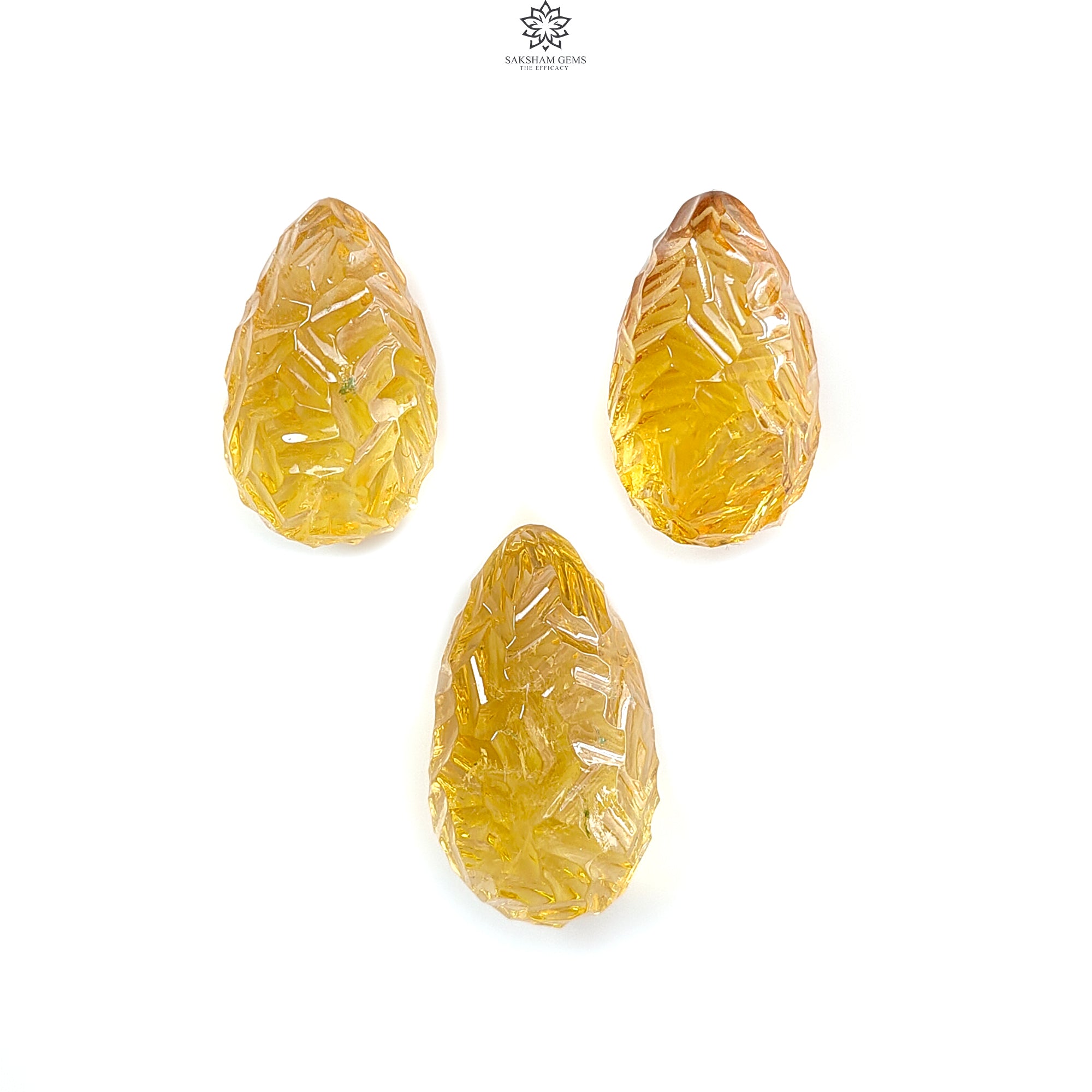 Natural Untreated Yellow Citrine Gemstone Carving - 89.00cts Hand Carved Teardrop Shape (22mm-26mm, 3pcs Set) November Birthstone for Jewelry Making, Healing Crystals & Spiritual Gifts