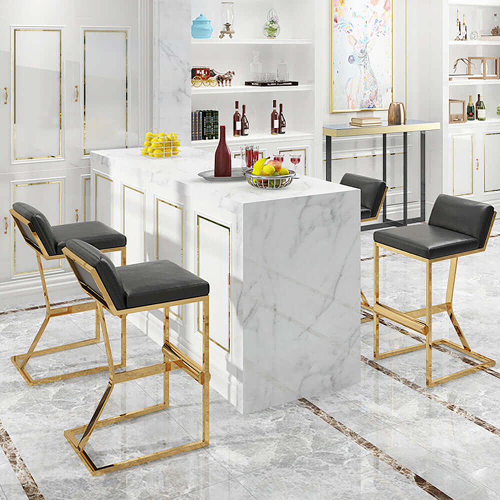 White PU Leather Bar Stool with Gold Legs & Footrest - Modern Counter Height Stool for Kitchen Island, Breakfast Bar & Home Decor