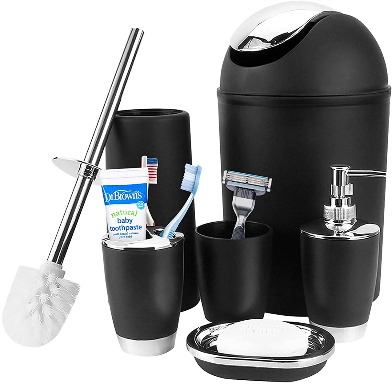 6-Piece Bathroom Soap Dispenser Set with Toothbrush Holder, Waste Bin, Soap Dish, Toilet Brush, Rinse Cup & Sprayer Bottle - Modern Black Bathroom Accessories for Home, Office, Apartment & Hotel Use - Perfect for Guest Bathrooms, Master Suites & Small Spaces