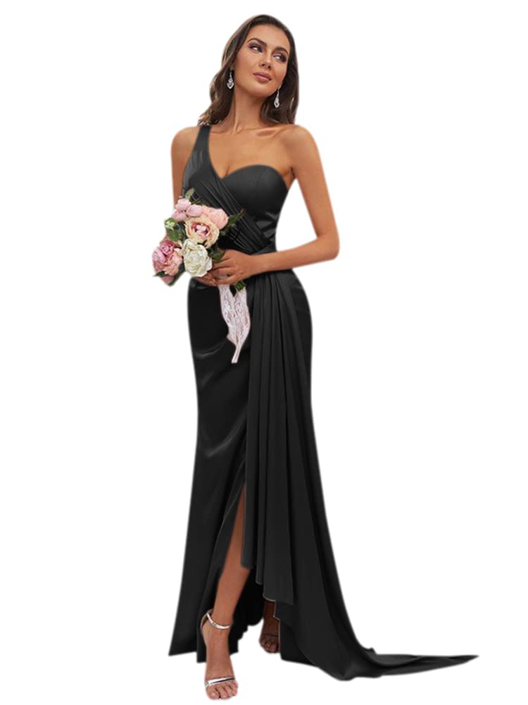 Elegant One Shoulder High-Low Bridesmaid Dress - Ruched Satin Prom Gown with Thigh Slit for Weddings, Parties & Special Occasions | Perfect for Bridesmaids, Prom & Formal Events