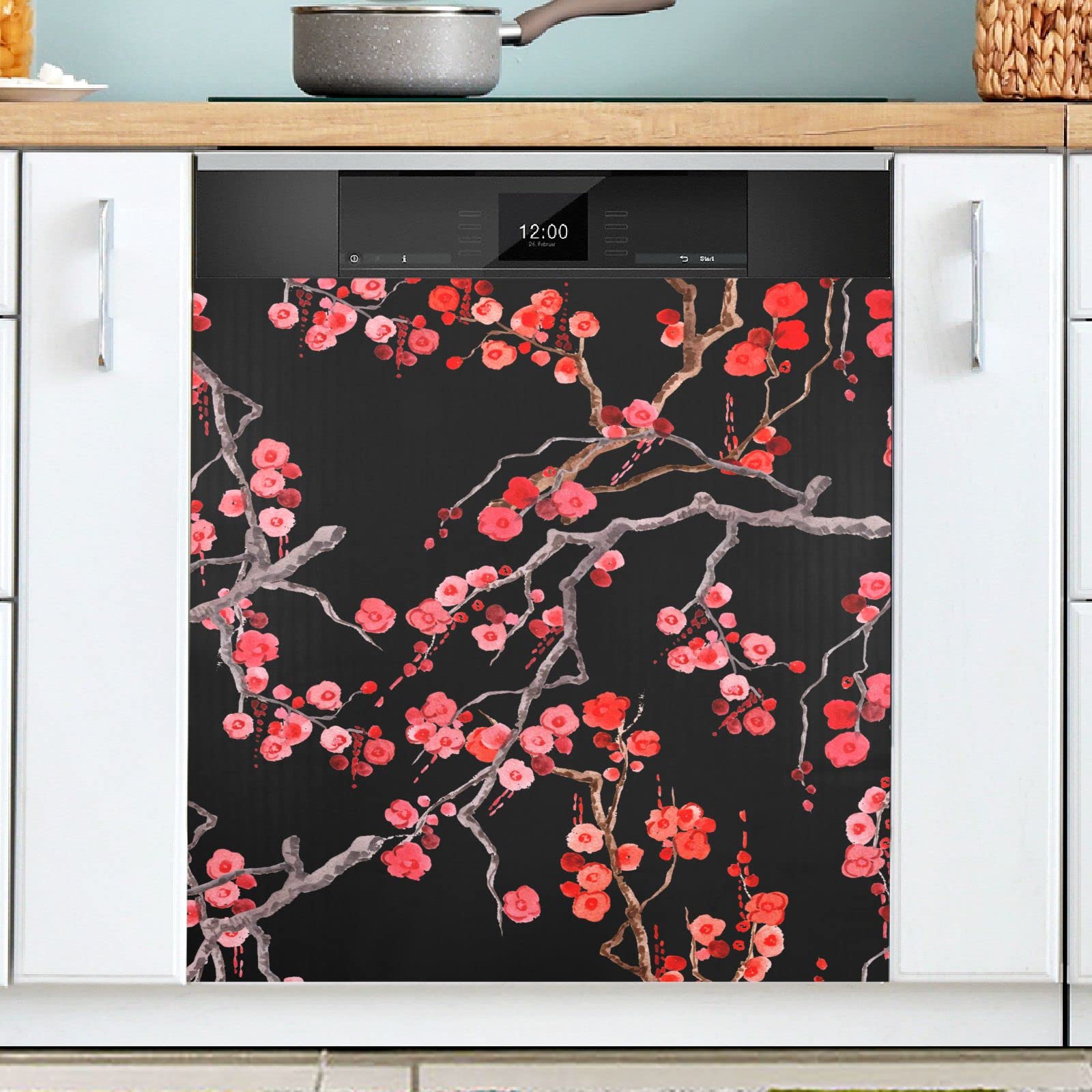Blossom Cherry Flowers Black Dishwasher Magnet Cover - Decorative Magnetic Panel for Refrigerator & Dishwasher - Farmhouse Kitchen Decor (23x26 Inches) - Perfect for Rustic Home, Apartment, and Office Decor