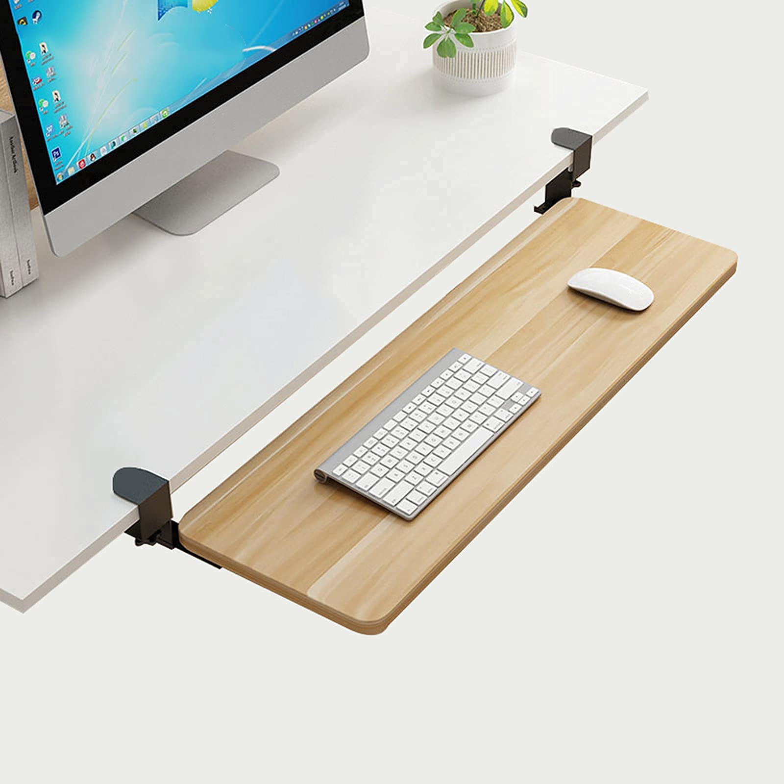 Ergonomic Under Desk Keyboard Tray - White Slide-Out Enlarged Keyboard & Mouse Holder with Heavy-Duty C-Clamp Mount System - Perfect for Home Office, Gaming Setup, and Workspace Organization
