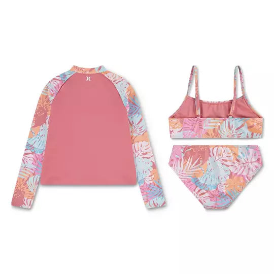 HURLEY® Junior Girls' Rashguard & Bikini 3-Piece Swimsuit Set for Ages 7-16 | UV Protection Swimwear for Beach, Pool & Surfing