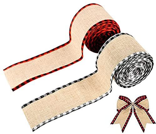 2 Rolls Buffalo Plaid Wired Edge Ribbon - Christmas Burlap Fabric Craft Ribbon for DIY Wrapping, Gift Bows, Holiday Decor (6 Yards per Roll, Checkered Edge) - Perfect for Tree Trimming, Present Wrapping & Seasonal Crafts