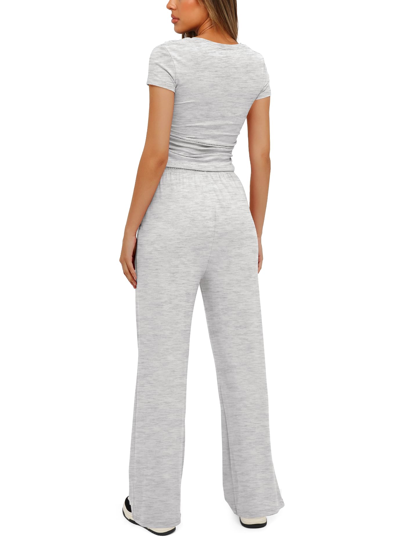 Darong Women's 2 Piece Lounge Set - Ruched Short Sleeve Top & High Waisted Wide Leg Pants Tracksuit Outfit | Casual Wear, Home Comfort, Yoga & Running Outfits