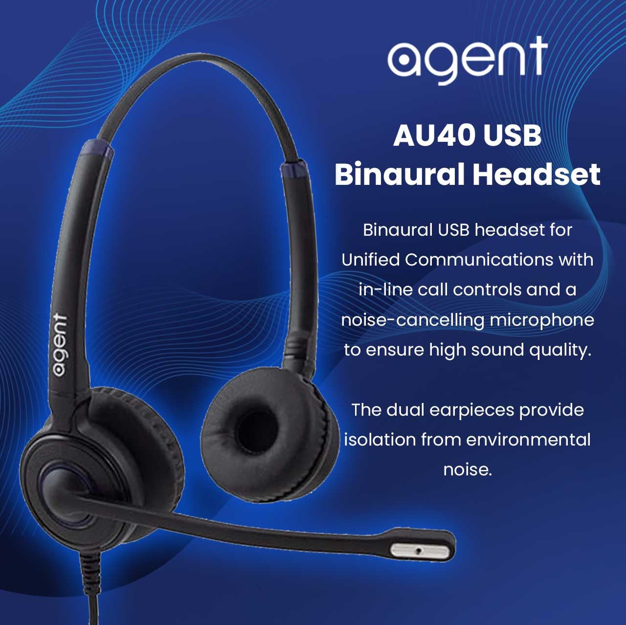 Agent AU40 USB Binaural Headset with Dual Earpiece - Noise Cancelling Microphone & In-Line Call Controls for Office, Call Center & Remote Work