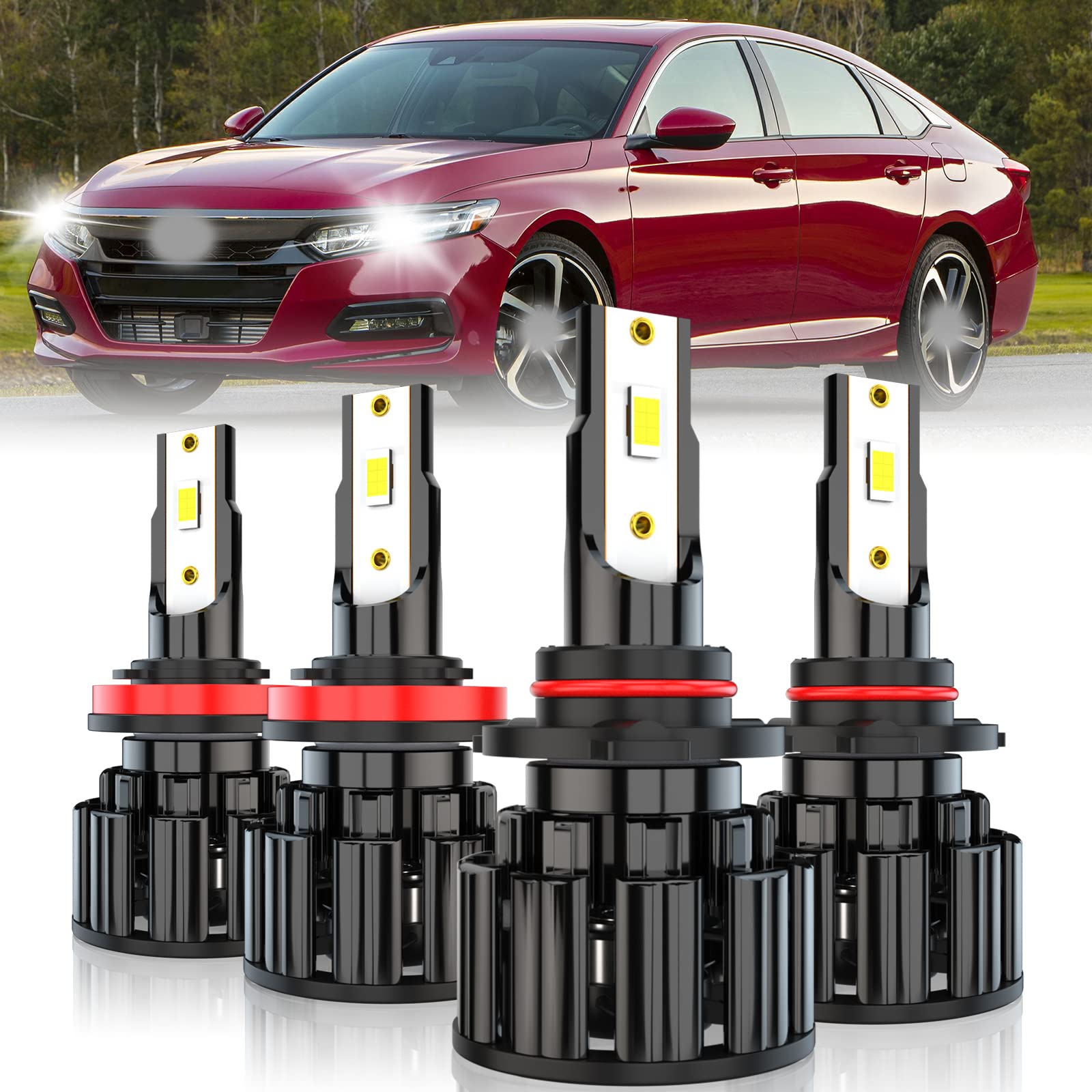 Fit For Honda Accord 2013-2018 LED Headlight Bulbs - 9005 High Beam & H11 Low Beam Replacement Kit - 60W 10000LM 6000K White Super Bright - Plug & Play CSP LED Bulbs (Pack of 4) - Perfect for Night Driving & Enhanced Visibility