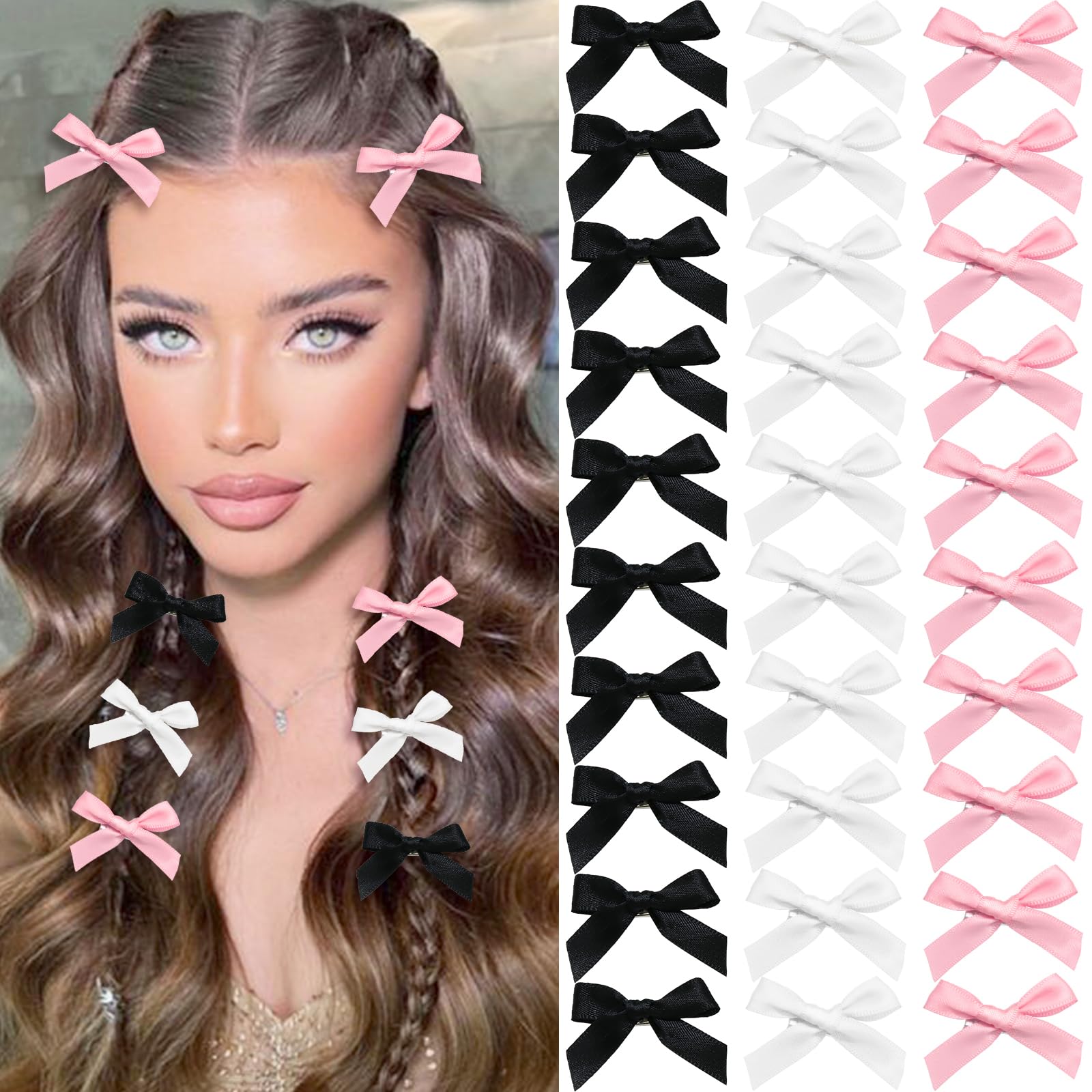 30PCS Pink Satin Bow Hair Clips for Women & Girls - Non-Slip Mini Hair Barrettes, Cute Hair Accessories for School, Parties, Weddings & Daily Styling