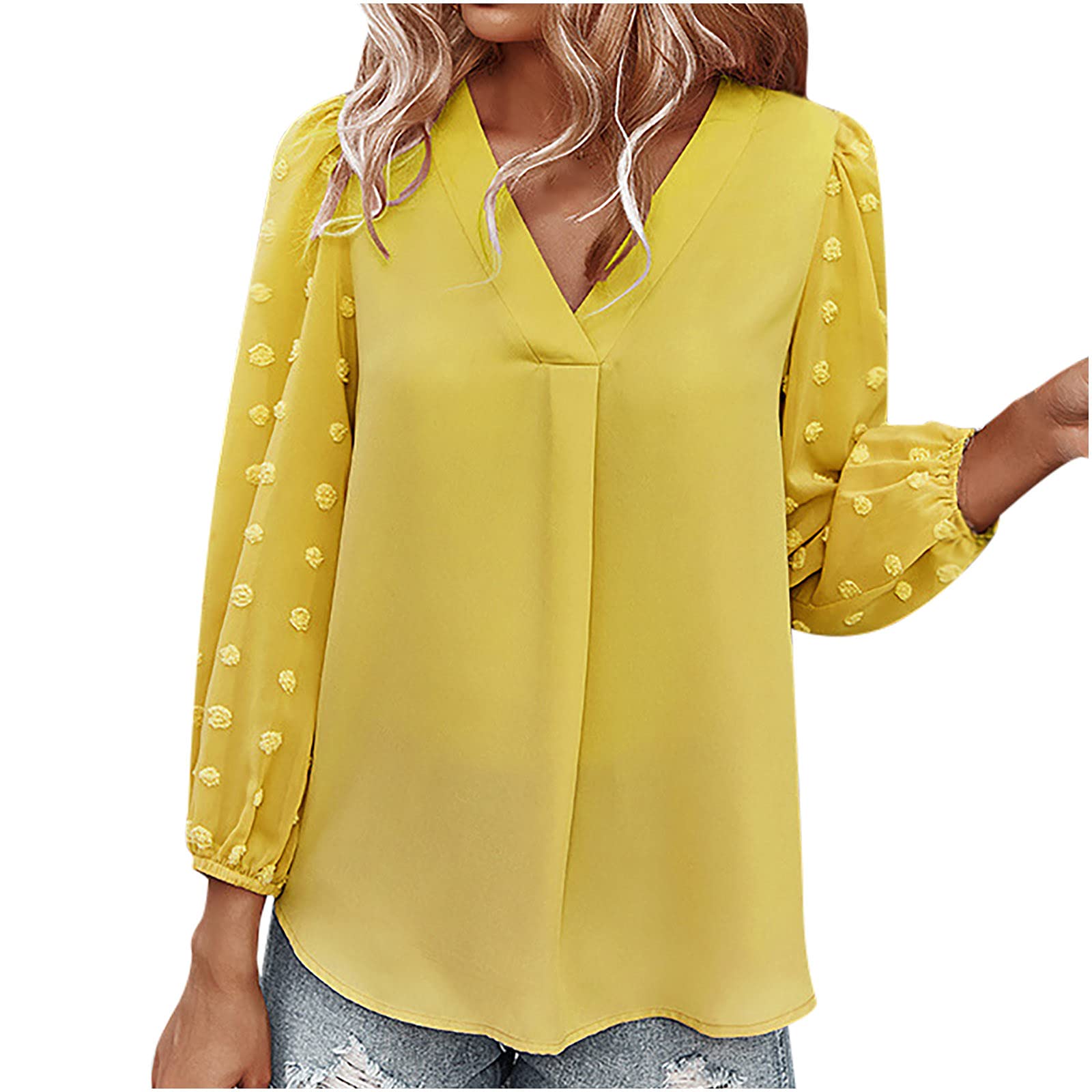 Women's Chiffon Blouse - Elegant V-Neck Long Sleeve Flowy Top with Pom Pom Details | Casual Summer Wear for Office, Date Night & Outdoor Events