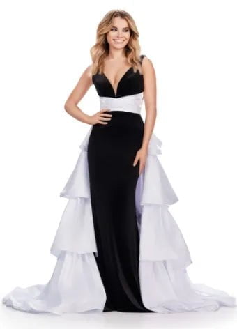 ASHLEYlauren 11463 Velvet Fitted Gown with Satin Ruffled Overskirt - Elegant Formal Dress for Prom, Wedding & Evening Events