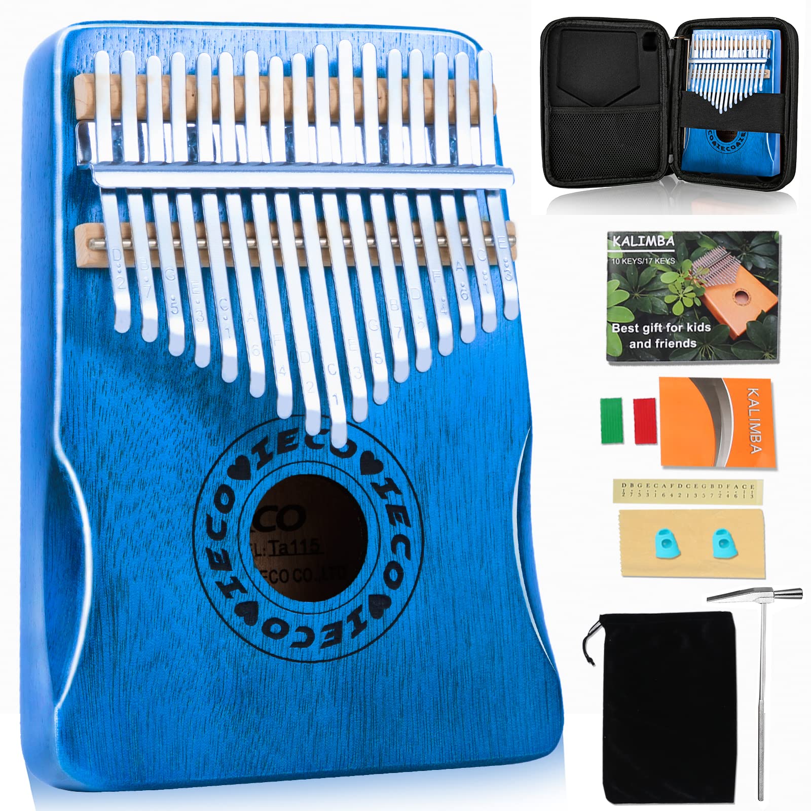 17 Key Kalimba Thumb Piano - Portable Finger Piano Musical Instrument with Tuning Hammer & Manual - Perfect Gift for Adults & Kids (Blue) | Home Relaxation, Music Therapy & Travel Entertainment