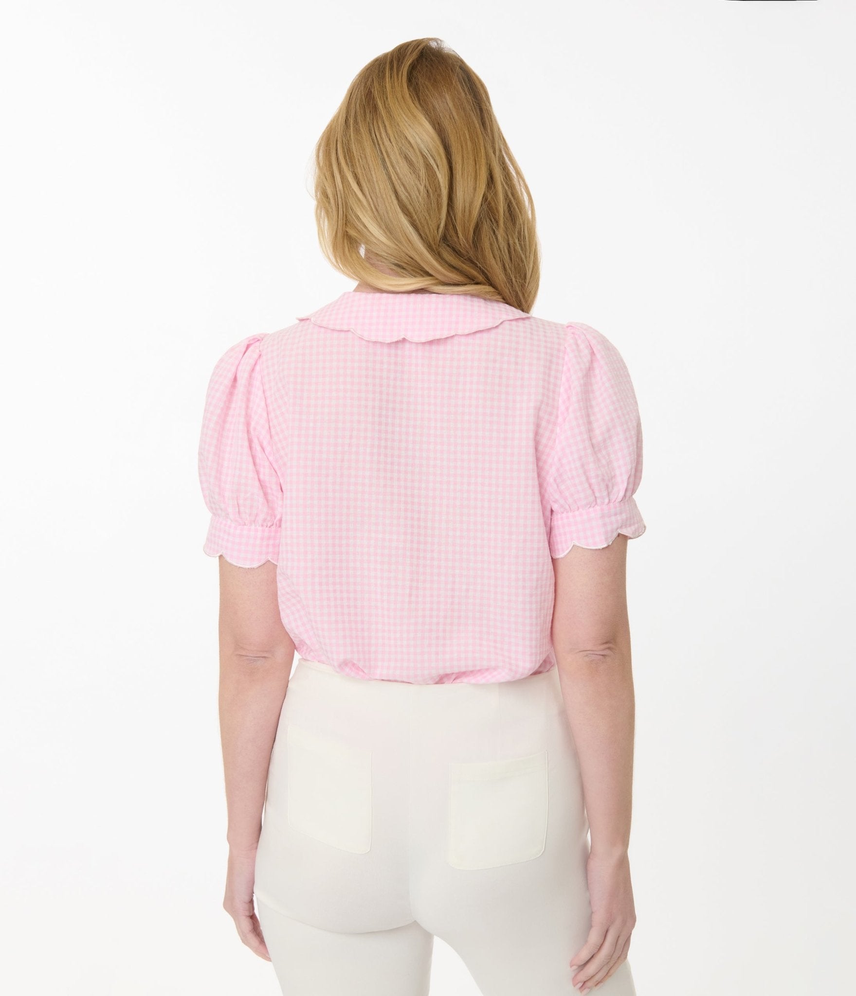Disney Bambi Collection Pink Gingham Embroidered Flower Puff Sleeve Top for Women | Vintage Inspired Blouse | Perfect for Spring Outfits, Date Nights & Disney Theme Parties