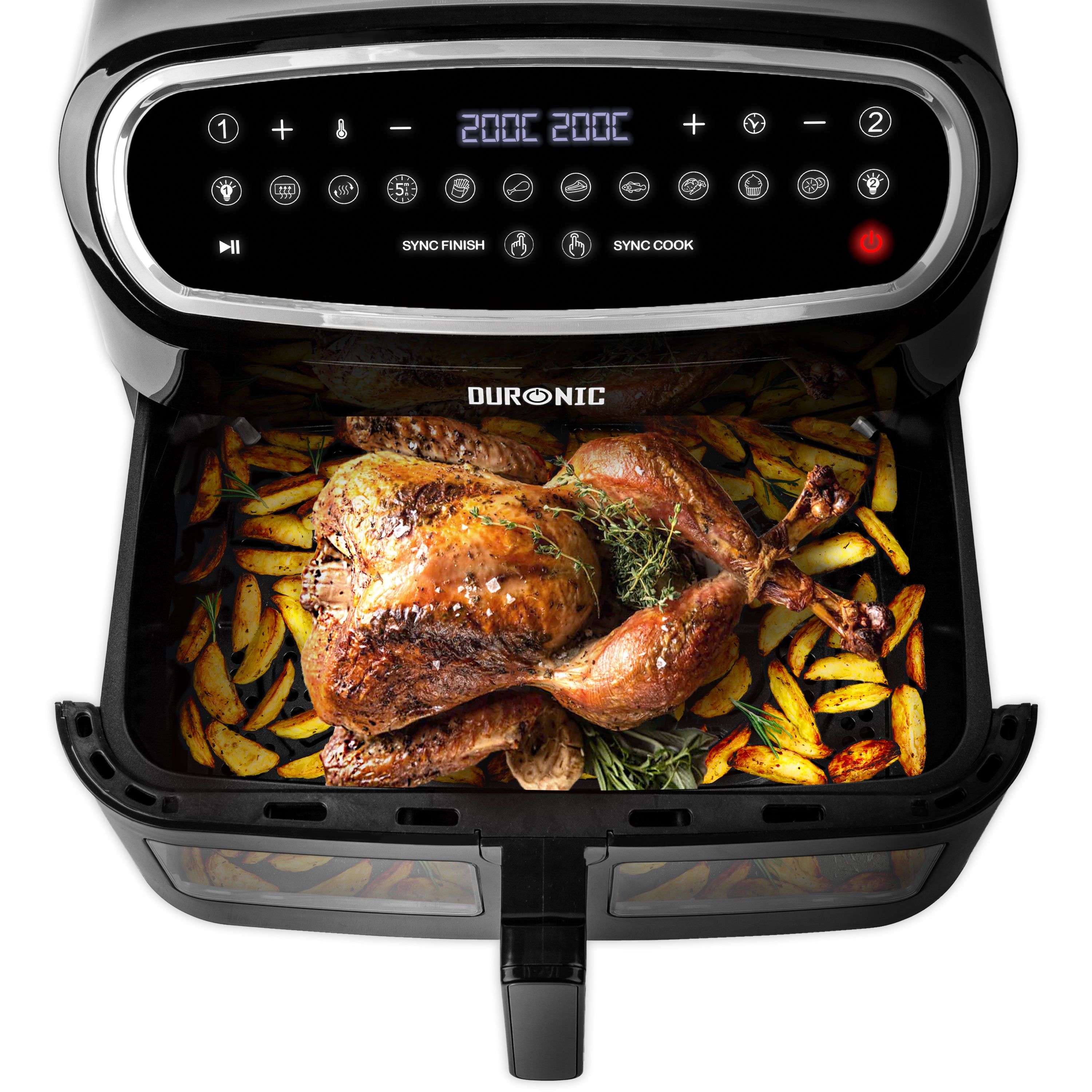 Duronic AF14 BK 10L Large Air Fryer with Visual Window - Dual Zone Digital Air Fryer for Family | Oil-Free Cooking, Roasting, Baking | Dishwasher Safe Non-Stick Basket | Perfect for Healthy Meals, Family Dinners & Party Snacks