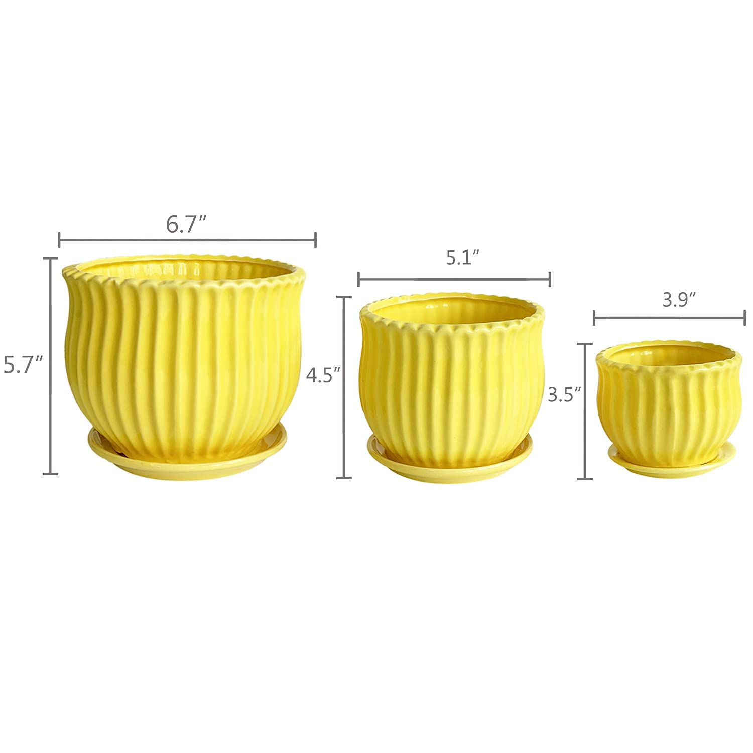 Modern Yellow Ceramic Flower Pots with Saucers - Round Succulent Plant Pots with Stripe Texture, Small to Medium Size (Set of 3) - Perfect for Home Decor, Office Desk & Indoor Plant Display