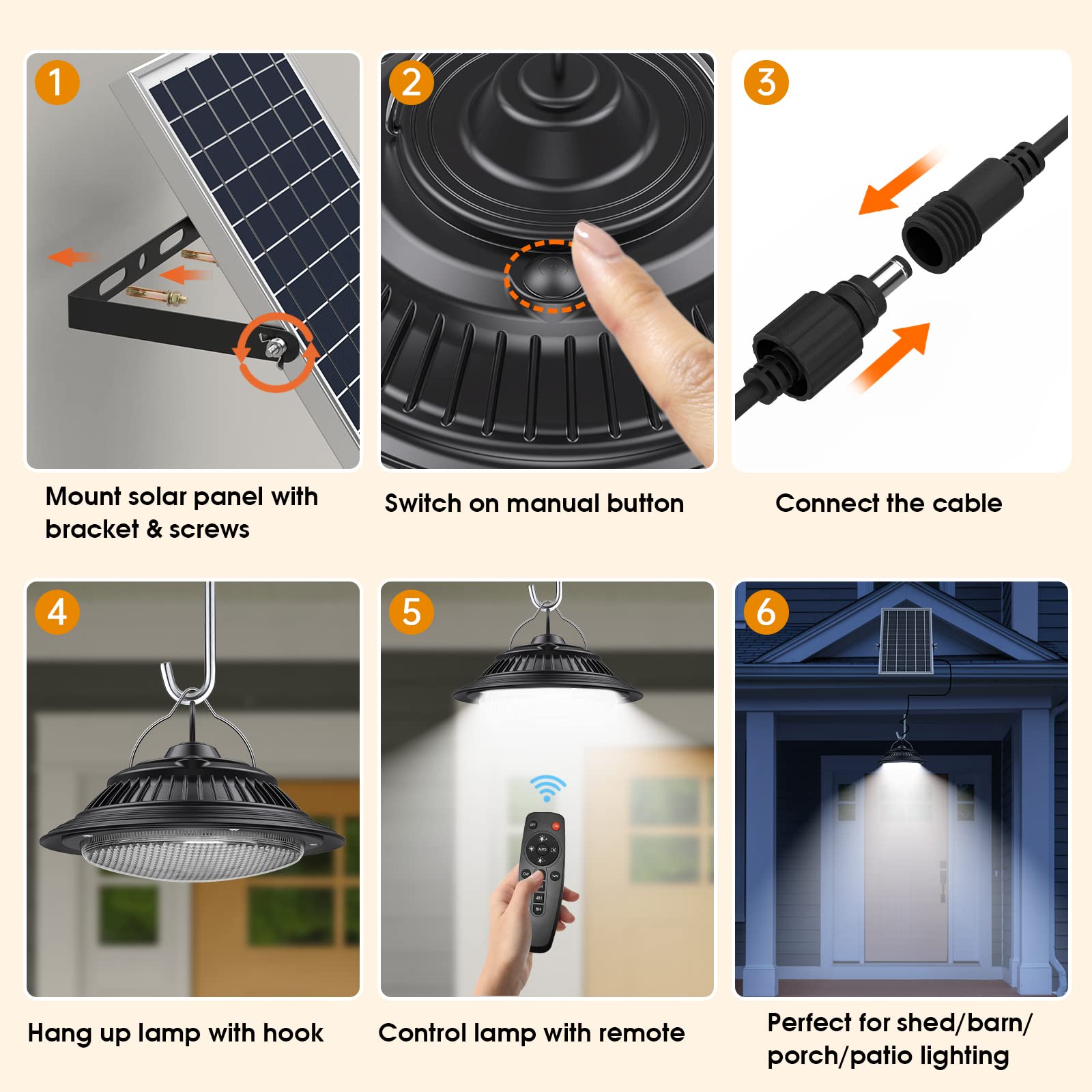 Solar Pendant Lights Indoor Outdoor - 3200K/4000K/6000K Dimmable Solar Hanging Lights with Remote & ON/OFF Switch for Home, Barn, Garage, Chicken Coop - Perfect for Patio, Garden, Shed & Backyard Lighting