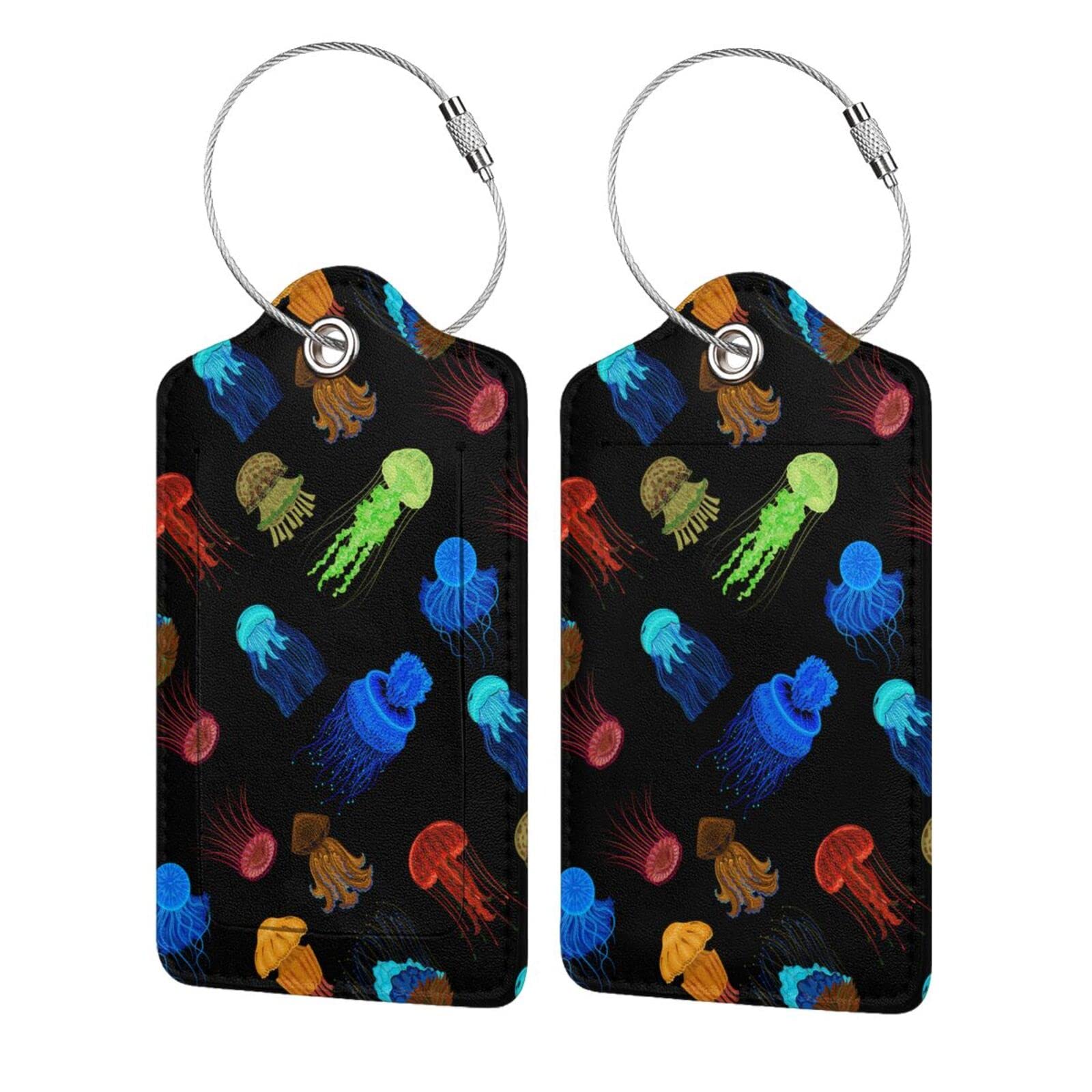 2 Pack Cute Jellyfish PU Leather Luggage Tags with Stainless Steel Loop - Waterproof Travel ID Tags with Privacy Cover - Perfect for Suitcases, Backpacks & Gifts for Women, Men & Kids (Ideal for Vacations, Business Trips & Cruise Travel)