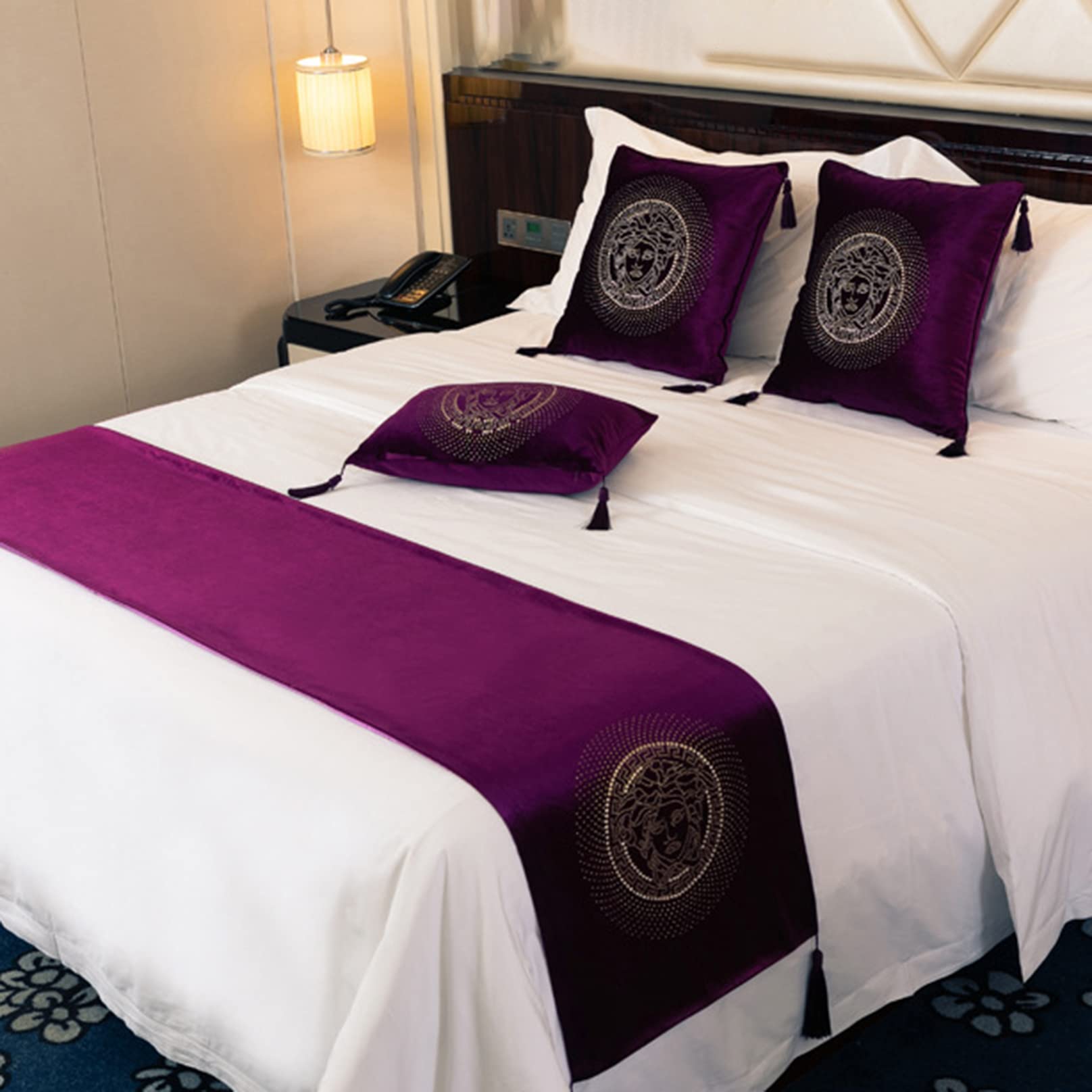 Luxury Purple Velvet Bed Runner with Tassels & Sun God Diamond Pattern - 45x240cm Modern Bedding Cover for Hotel, Wedding, Bedroom Decor & Mattress Protection
