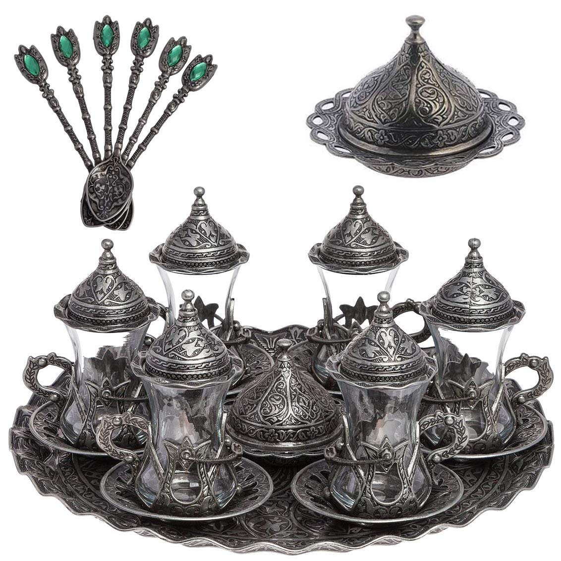 Handmade Turkish Tea Set - Authentic Black Zamzam Serving Glasses with Saucer, Tray & Spoon | Traditional Tea Ceremony Gift for Home, Cafe & Special Occasions