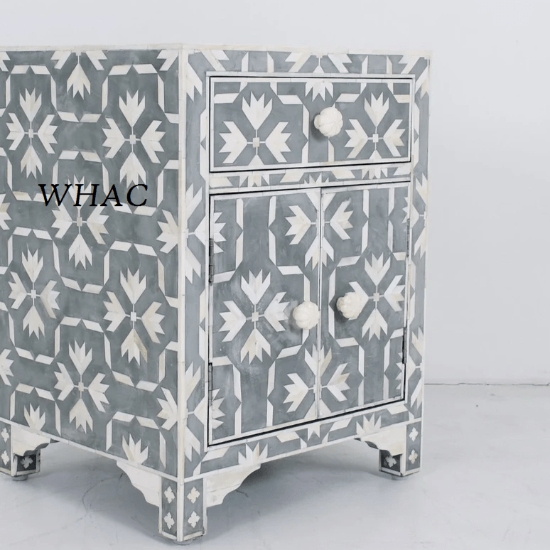 Handmade Bone Inlay Nightstand with One Drawer and Two Doors - Elegant Bedside Table for Bedroom Decor, Guest Room, or Living Room Storage