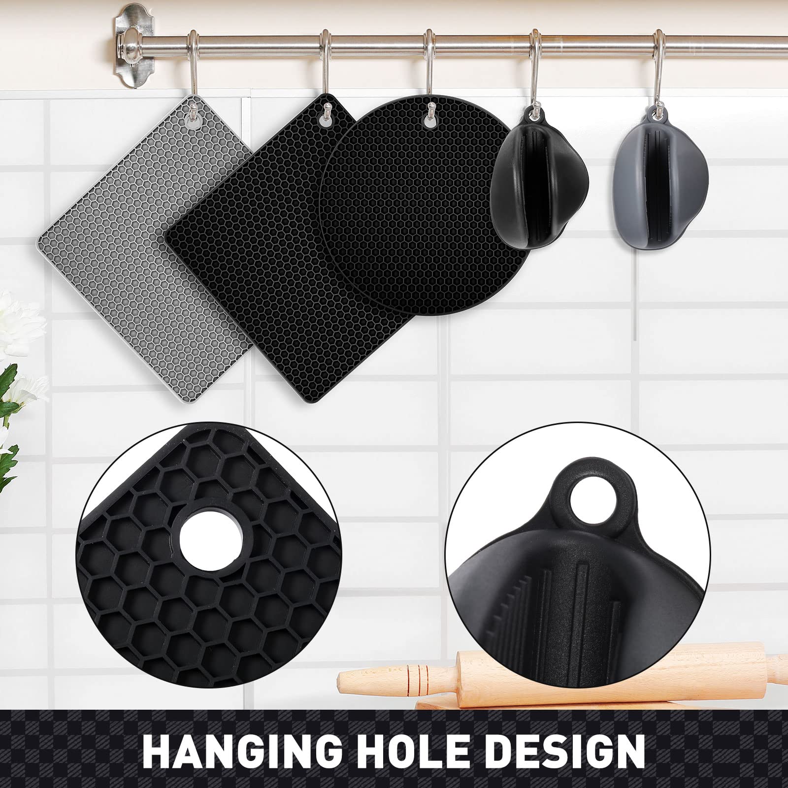 12-Pack Heat-Resistant Silicone Trivet Mats & Oven Mitts Set - Non-Slip Pot Holders for Kitchen Counter, Table, Stove - Perfect for Hot Dishes, Baking, Cooking (Black & Gray)