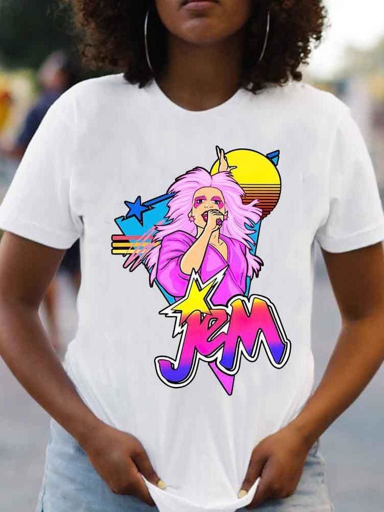 Lovevop Cartoon Print White Short Sleeve T-Shirt for Women - Casual Summer Tee for Outfits, Streetwear & Everyday Wear