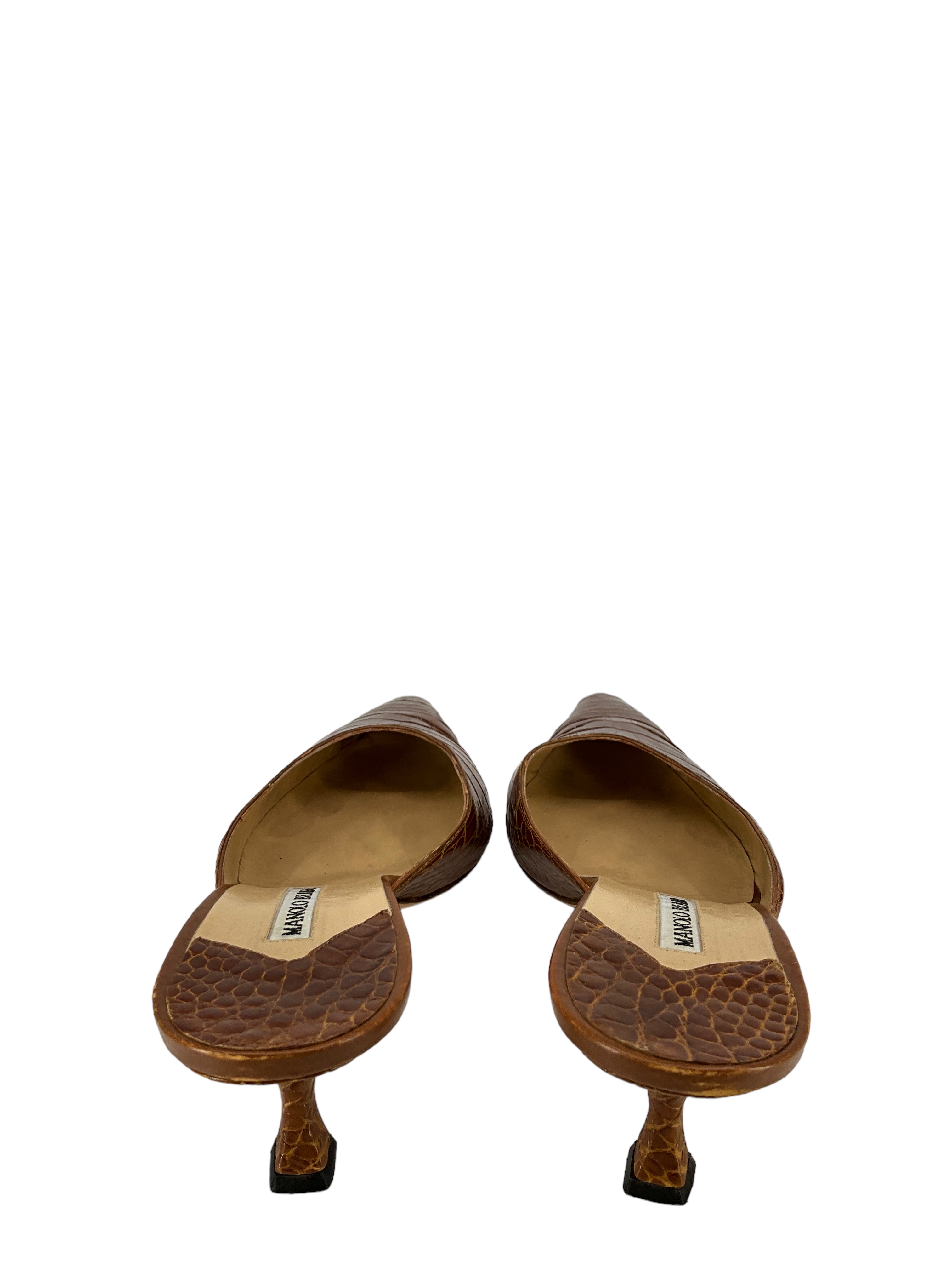 Manolo Blahnik Brown Alligator Leather Mules - Women's Size 11 (US) | Luxury Designer Slide Sandals for Parties, Weddings & Evening Events