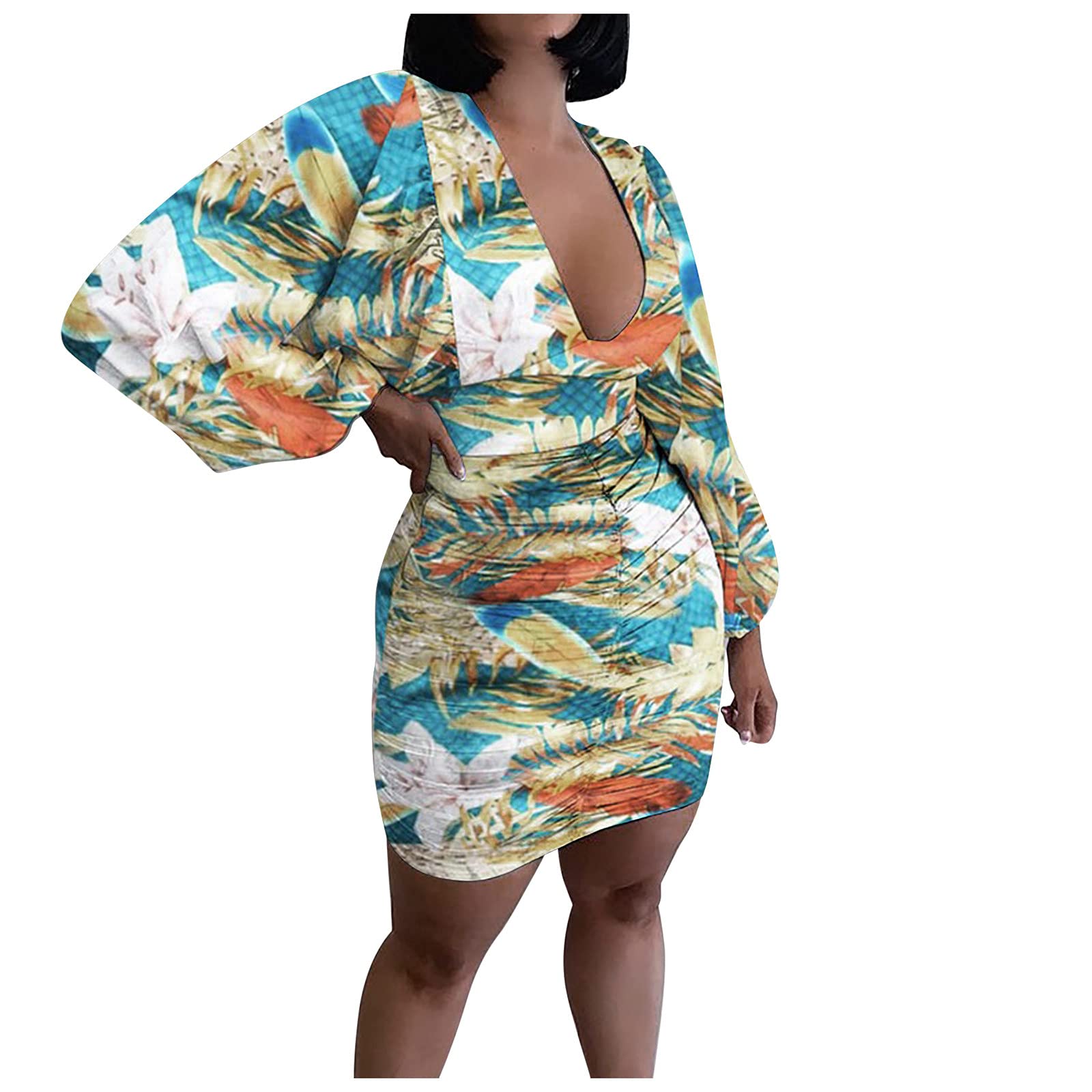 Sexy Deep V Neck High Waist Floral Print Long Sleeve Bodycon Dress for Women - Perfect for Date Night, Cocktail Parties & Summer Outings
