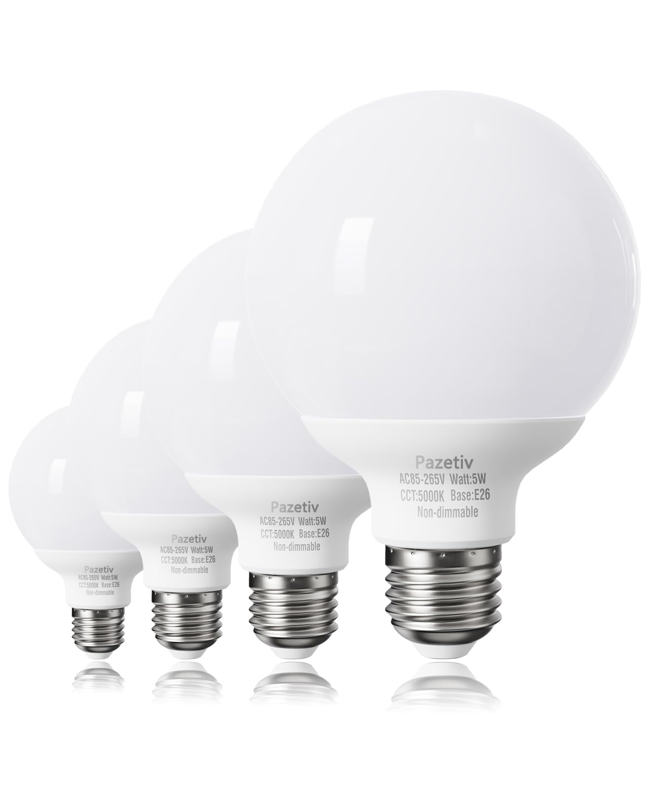 4 Pack Daylight LED Globe Light Bulbs - 5000K Bright White, 60W Equivalent, E26 Medium Base, Non-Dimmable G25 Vanity Bulbs for Bathroom Mirror Lighting, Vanity Makeup Area & Dressing Room